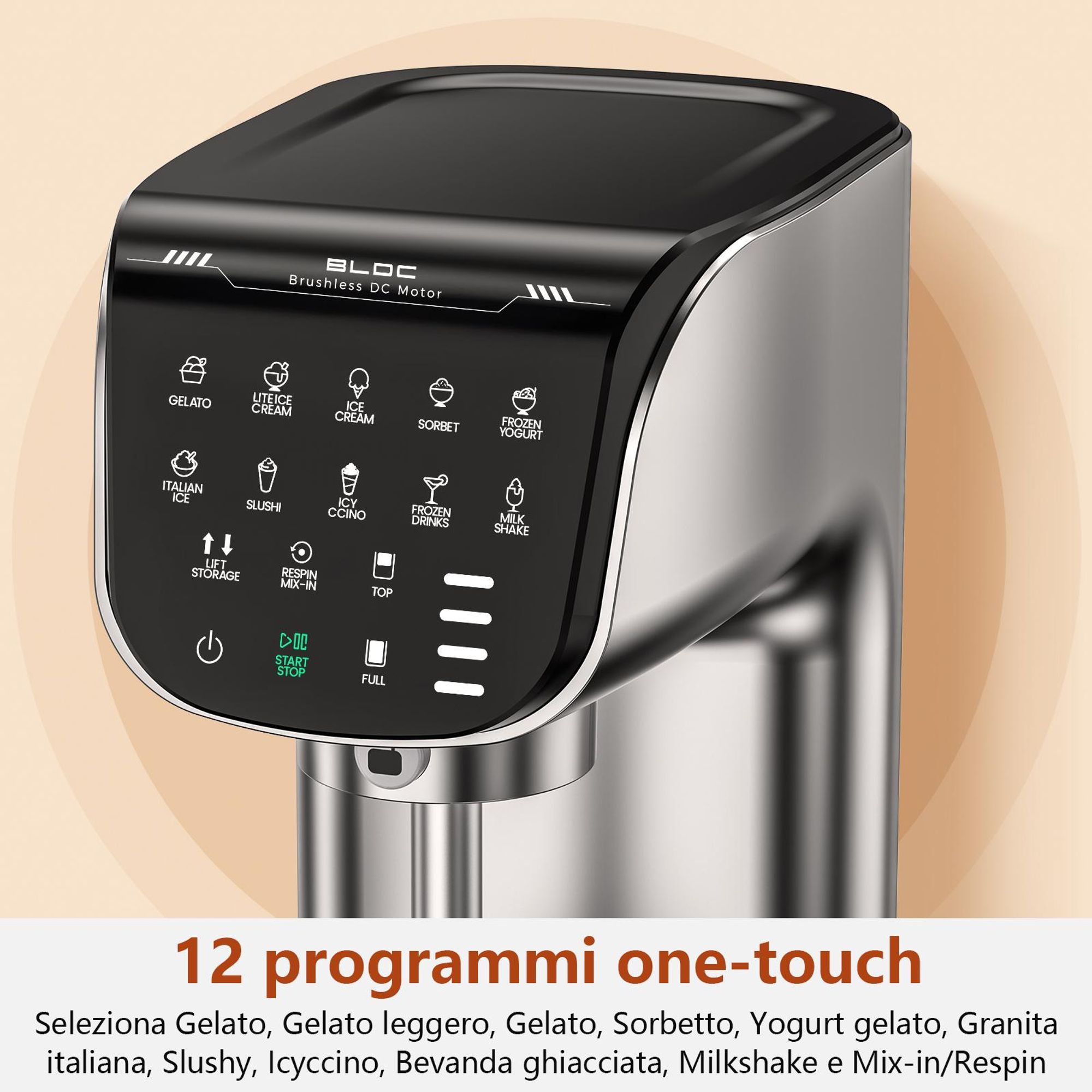 Gelatiera IcyTreat IC-1010 EU – Certificata CE – Completamente automatica, corpo in acciaio inox – Dotata di 3 contenitori e 12 programmi – Argento