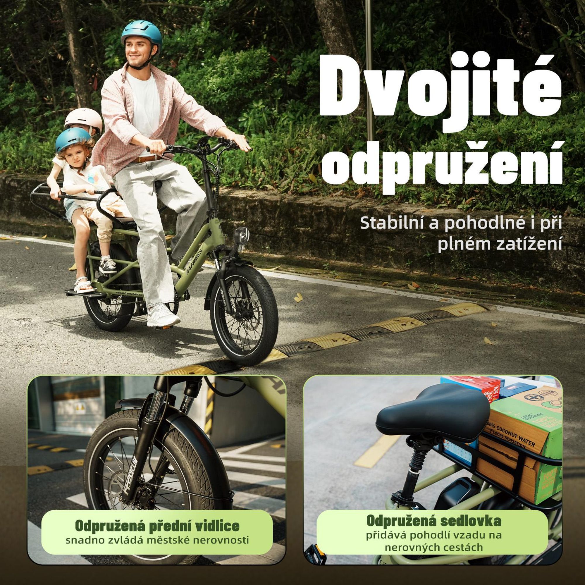 Dvojité detské sedlo FAFREES FF20 CUV pre e-bike 24AH, 0-12 rokov nosnosť 100kg rám antikorózna oceľ -čierna