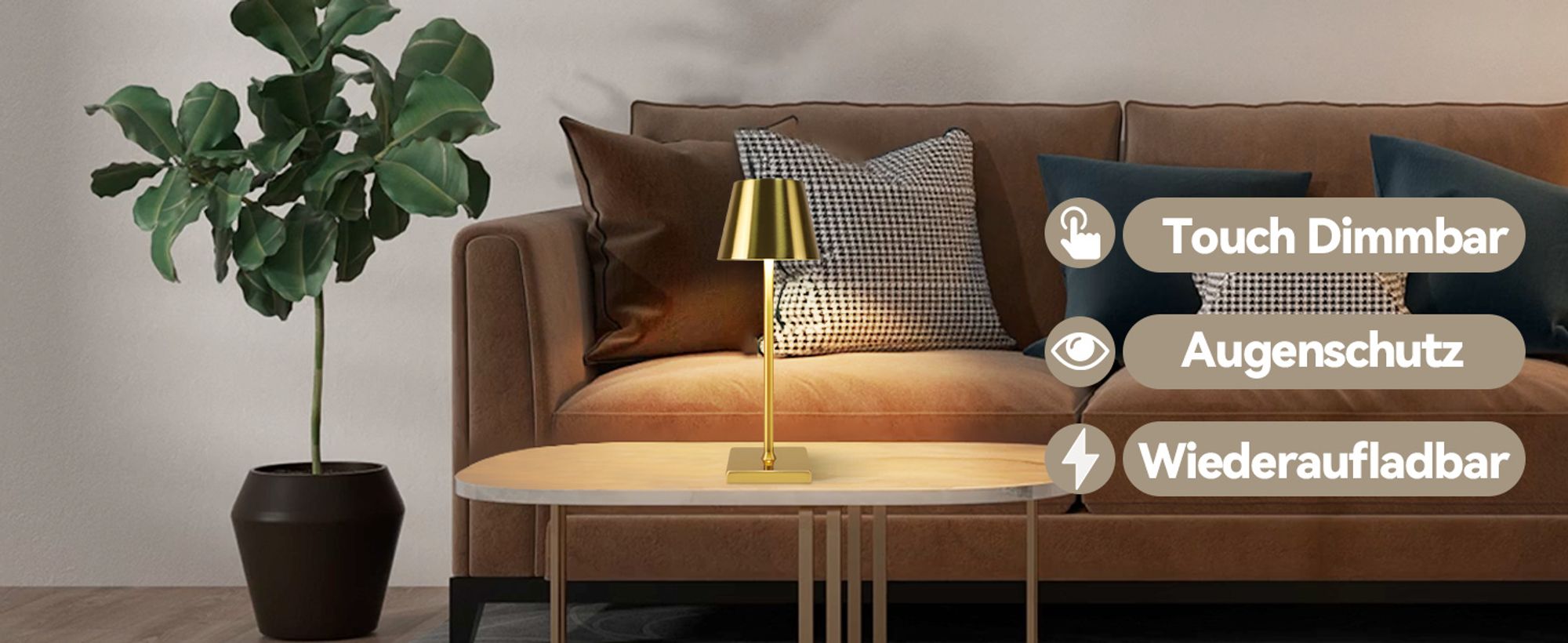 ZMH Tischlampe LED Tischleuchte 2er Set USB Kabellos Akku Lamp Touch Dimmbar Nachttischlampe 3 Farbtemperatur Gold Vintage Tischlampen für Schlafzimmer Nachttisch Wohnzimmer Restaurant