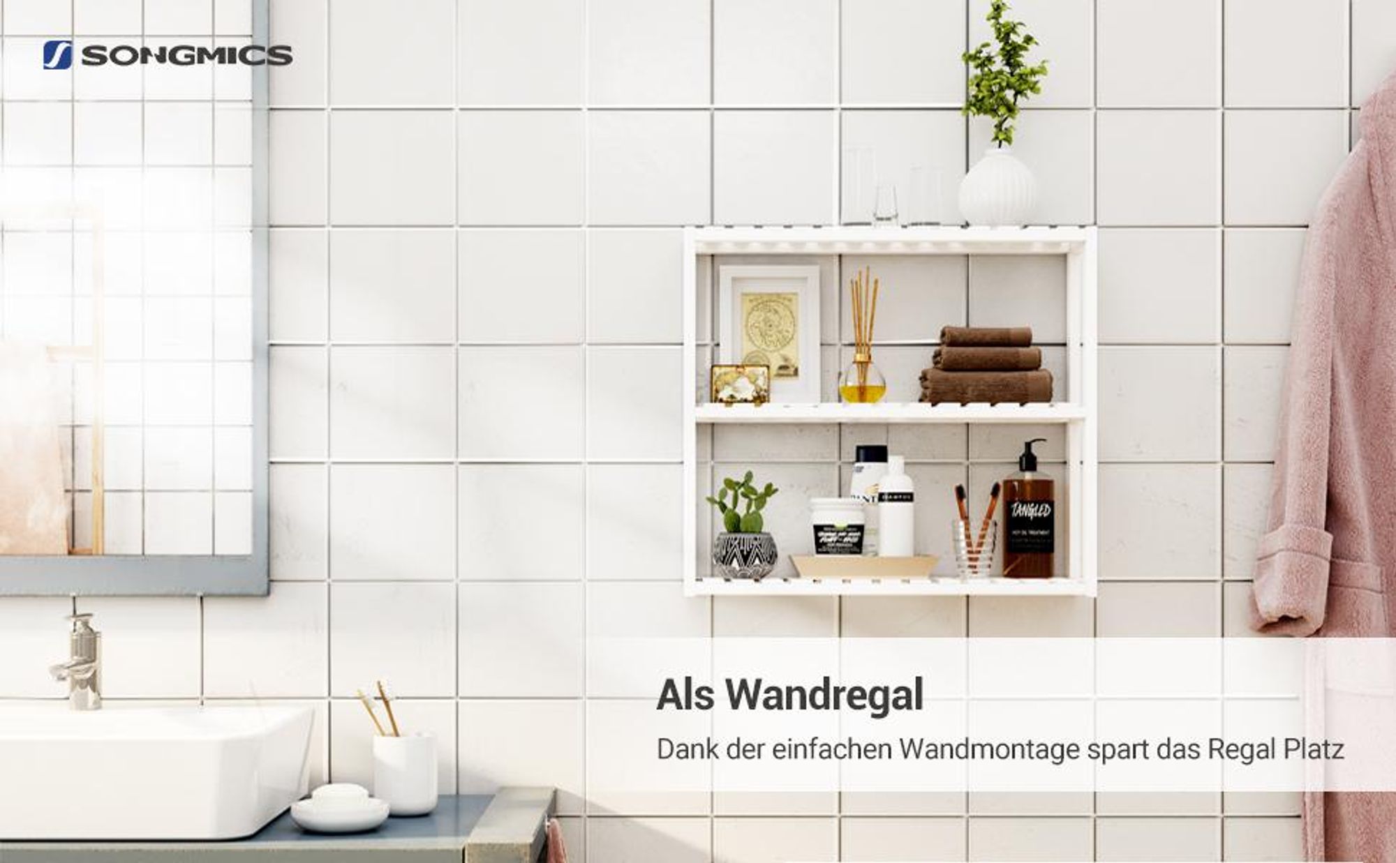 SONGMICS Badregal, Badezimmerregal, Bambus-Regal, 60 x 15 x 54 cm, Pflanzenregal mit 3 verstellbaren Ablagen, Wandmontage, freistehend, weiß BCB13W