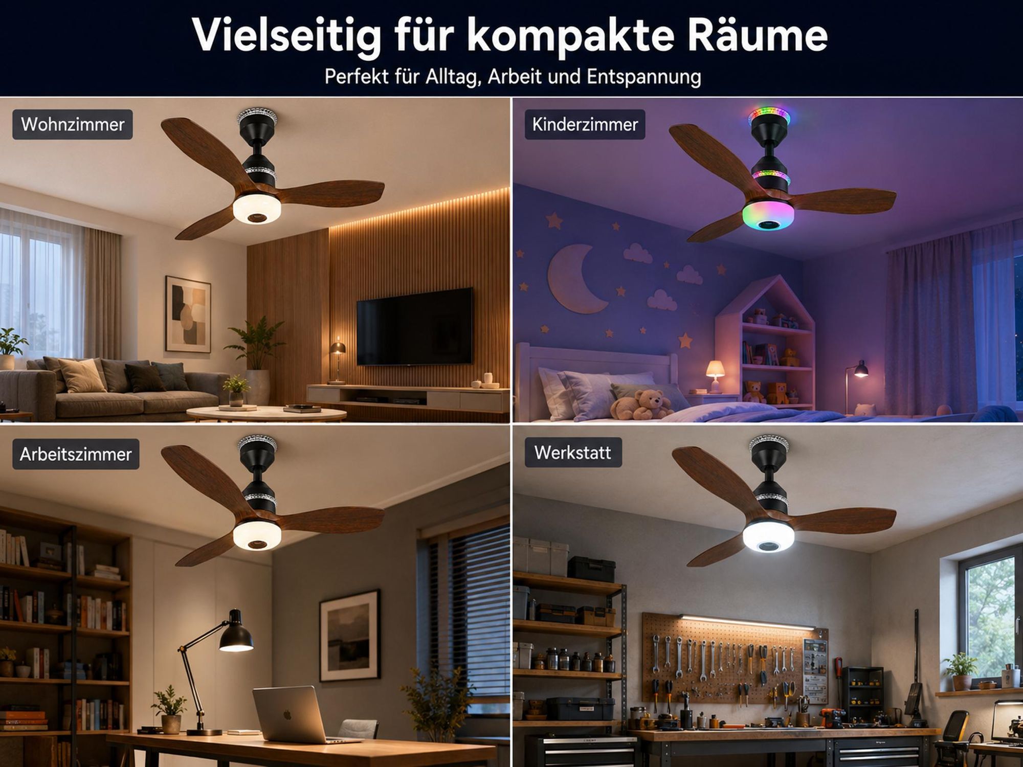 48W 60CM Deckenventilator mit Beleuchtung, LED Deckenleuchte mit Ventilator, 3 Windstufen, 3 Modi, Musik, Leise Lampe mit Ventilator Schlafzimmer