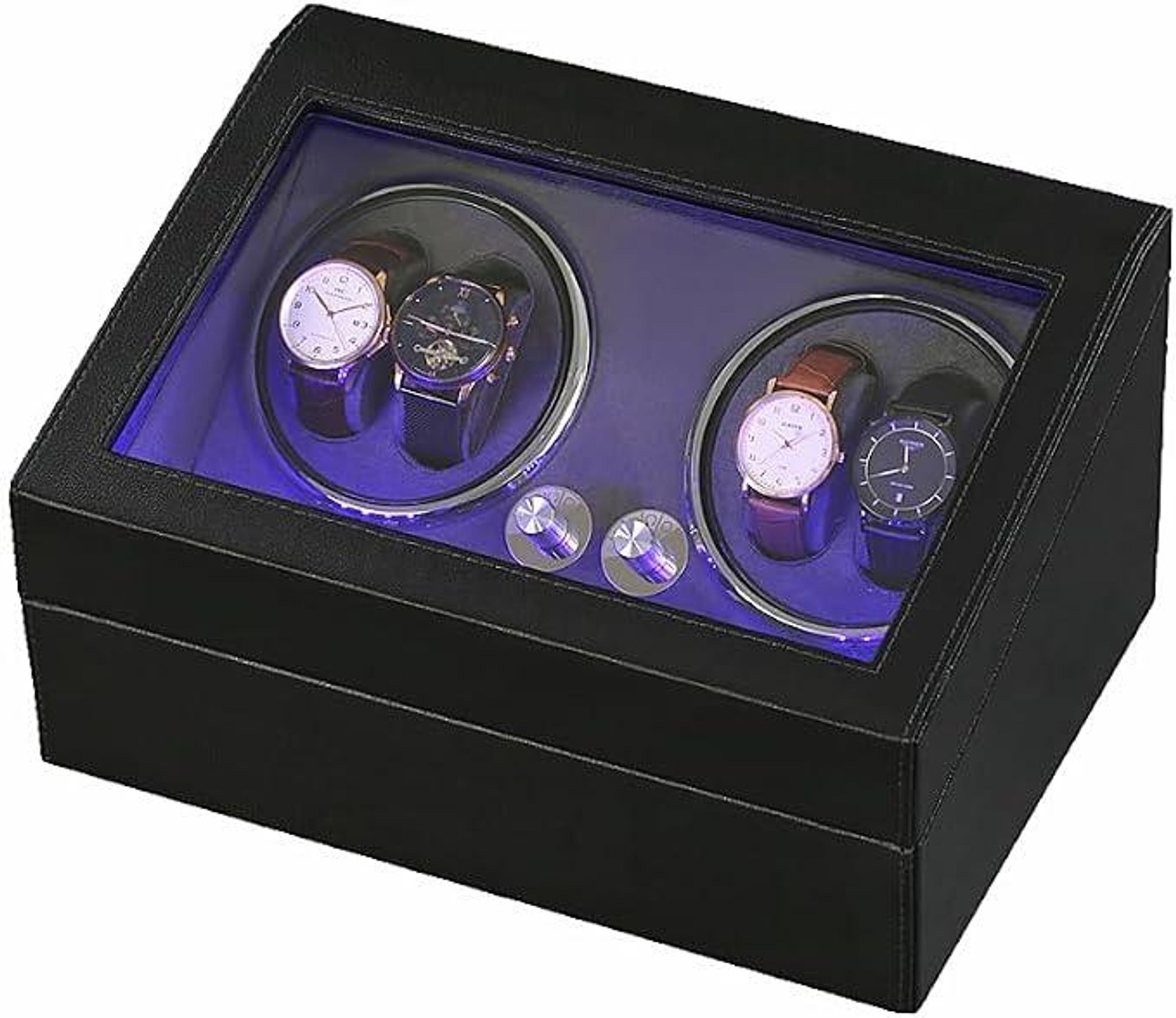 Olvy horlogewinder voor 4 horloges, met LED-verlichting, horlogewindervak, voorzien van een extreem stille Mabuchi motor, flexibele horlogekussens, horlogewinder