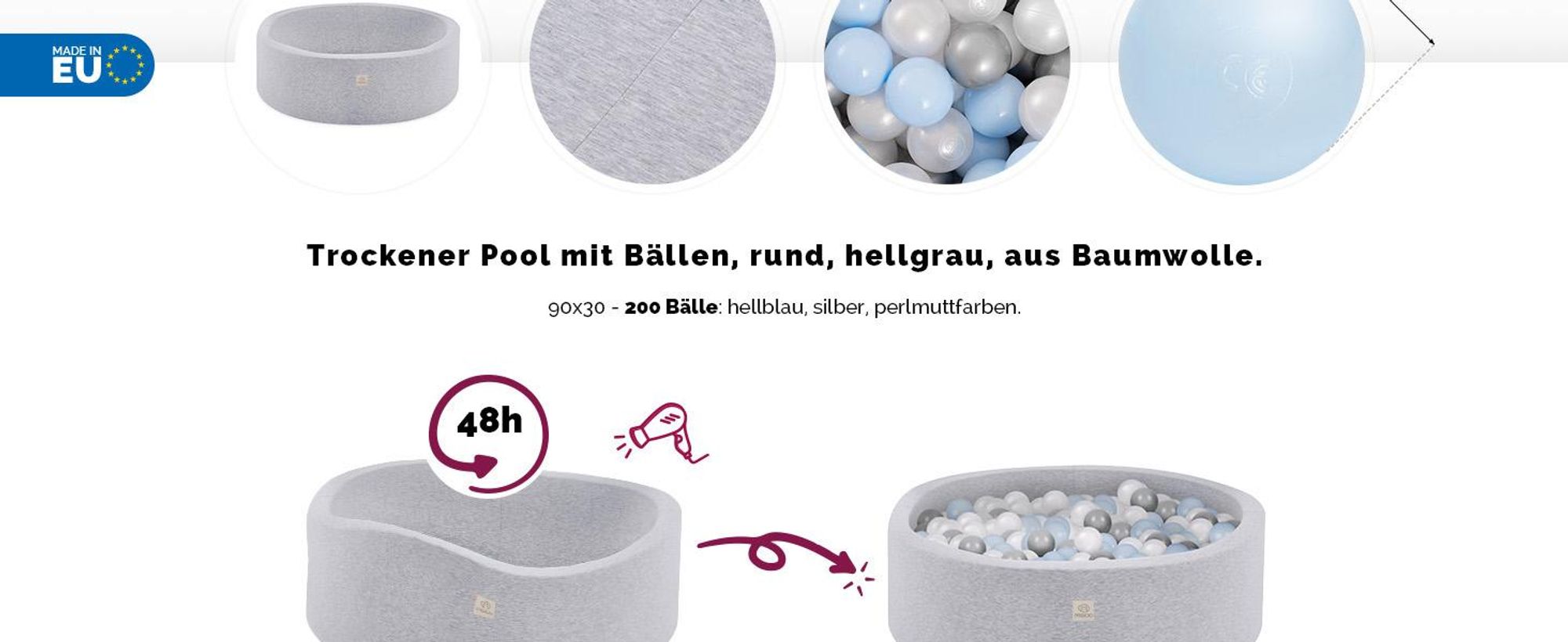 MISIOO Smart Bällebad 90x30 cm - Bällebader Kinder für Baby Zimmer - Bälle für Bällebad - Baby Spielzeug - Hellgrau: Hellblau/Perlen/Silber -150 Bälle