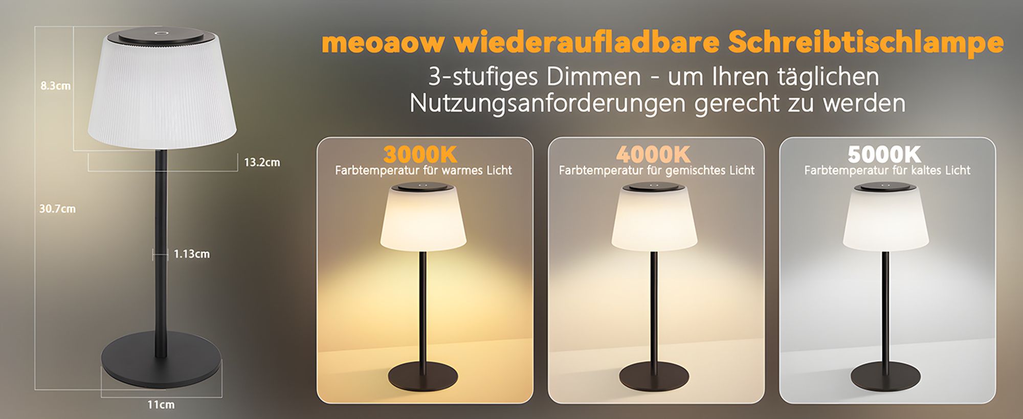 ZMH Tischlampe Kabellos Nachttischlampe Akku LED Tischleuchte Touch Dimmbar Lampe mit USB Aufladbar Schwarz 3600mhA Batterie Tischlampen für Modern Wohnzimmer Schlafzimmer Outdoor