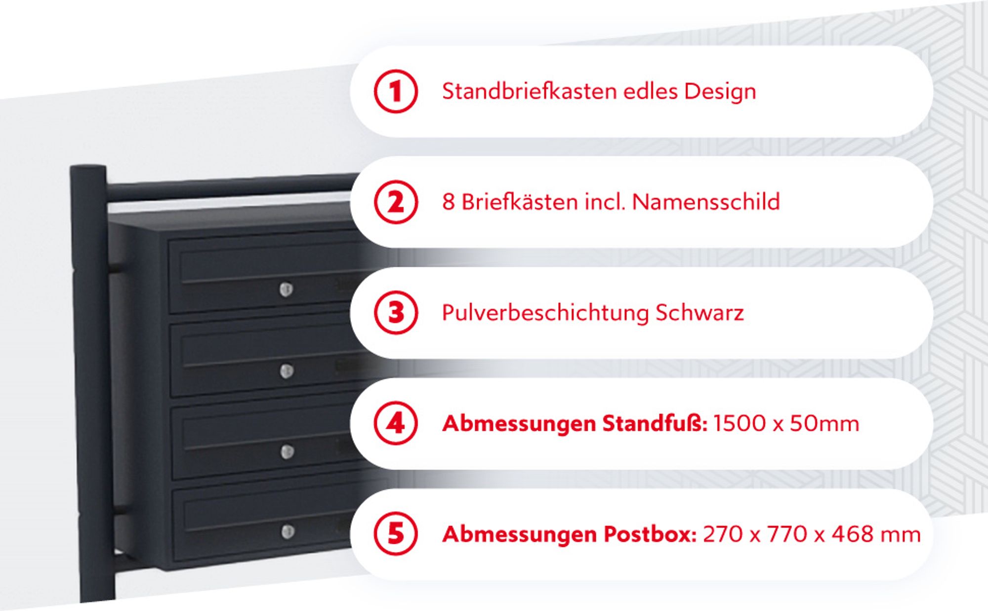 Wiltec 8er Briefkastenanlage schwarz 945 x 270 x 1500 mm, Standbriefkasten mit 2x4 Fächern, Schlüssel und Namensschild, Briefkasten Postkasten mit Ständer