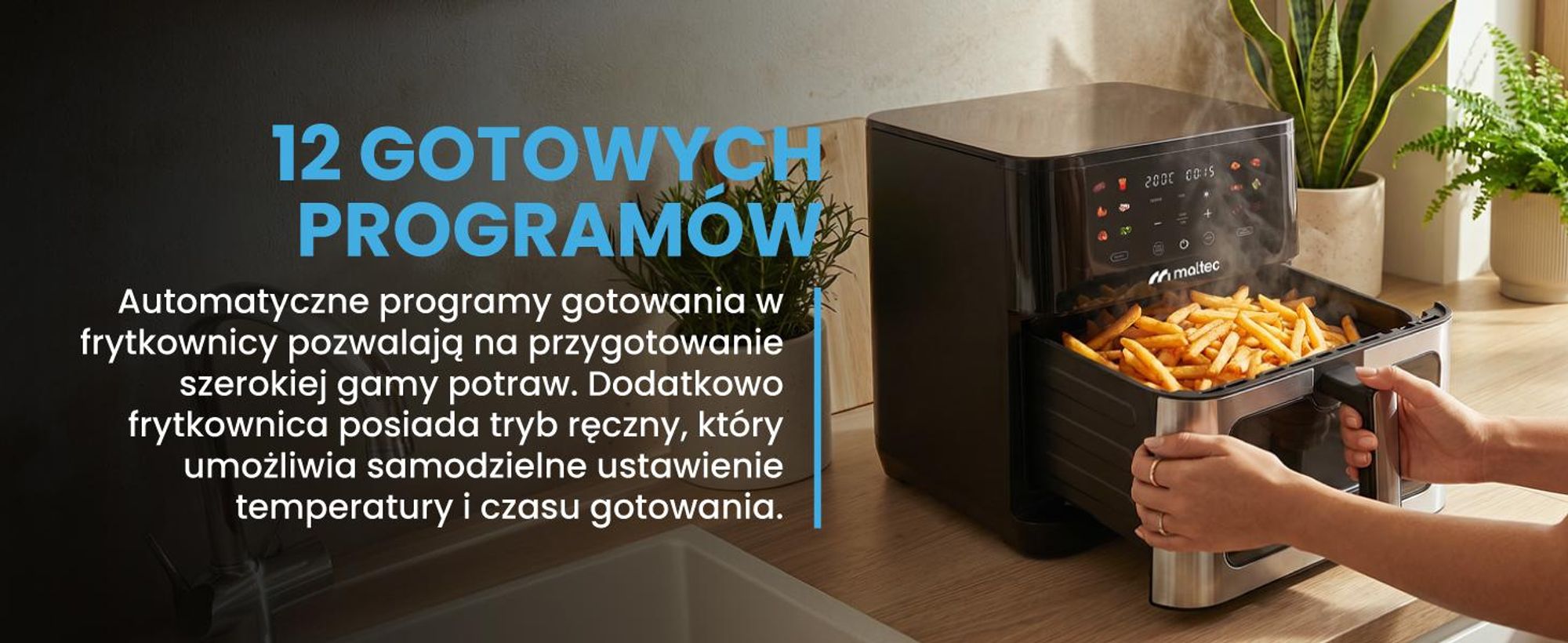Frytkownica o pojemności 10 litrów, z okienkiem i 12 programami, w kolorze czarnym