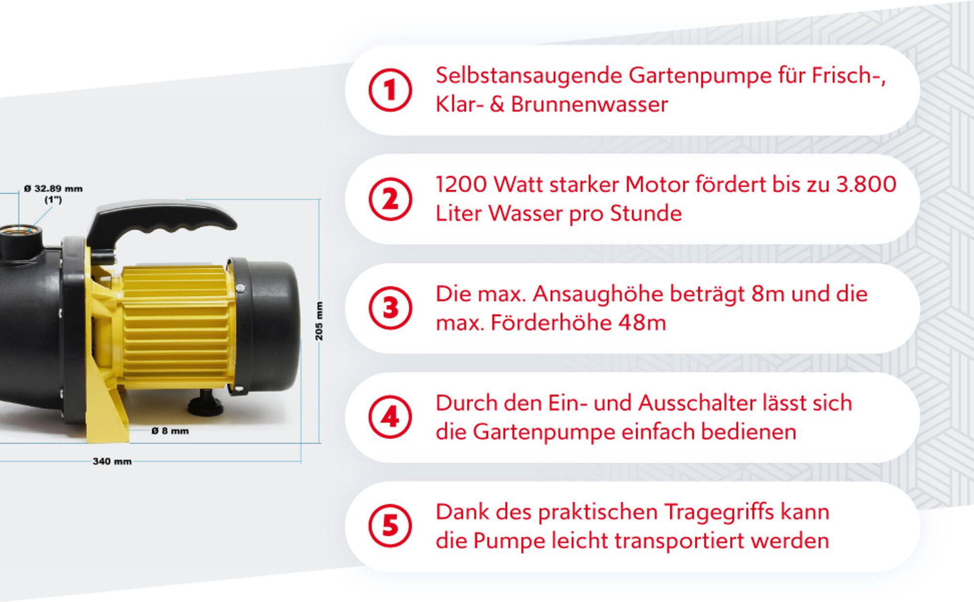 Wiltec Gartenpumpe 3800/h, 1200W, mit Tragegriff & Wasserablassschraube, max. Förderhöhe 48m, für Süßwasser Hauswasserwerk Wasserpumpe Bewässerungspumpe Regenwasserpumpe