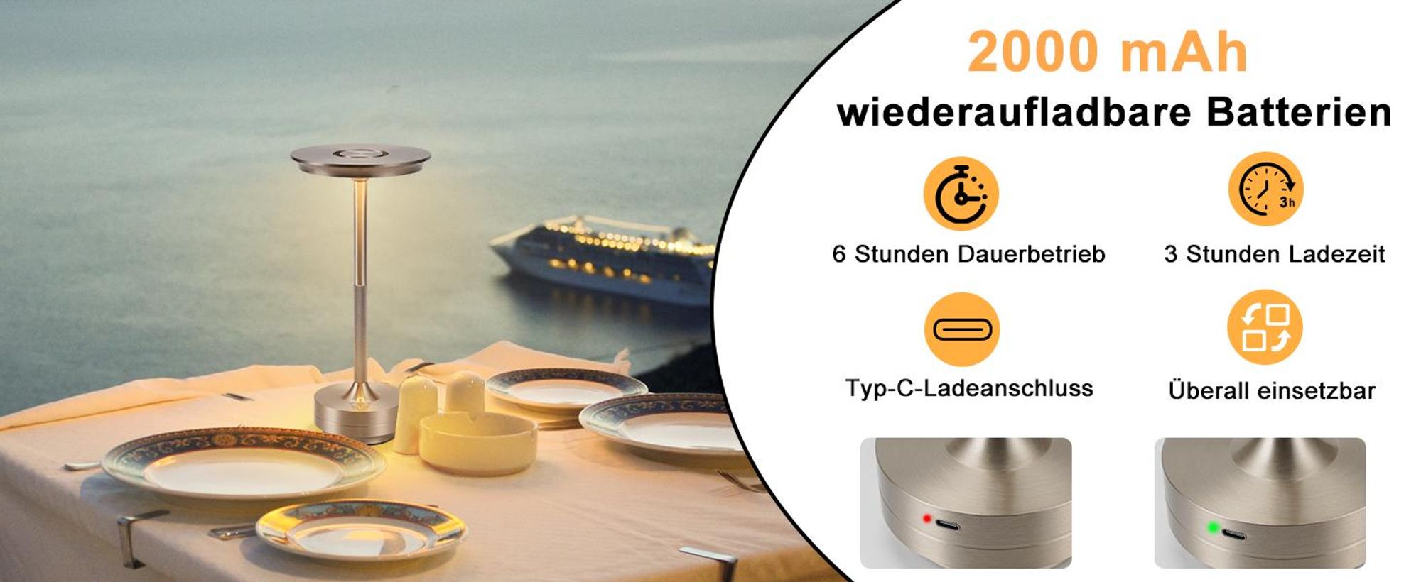 ZMH Nachtlampje, draadloze bureaulamp, oplaadbare LED-tafellamp, touchbediening, dimbaar, lamp met USB-oplaadbare batterij, tafel lampen, nikkel, geschikt voor moderne woonkamers, vensterbanken, kinderkamers en slaapkamers