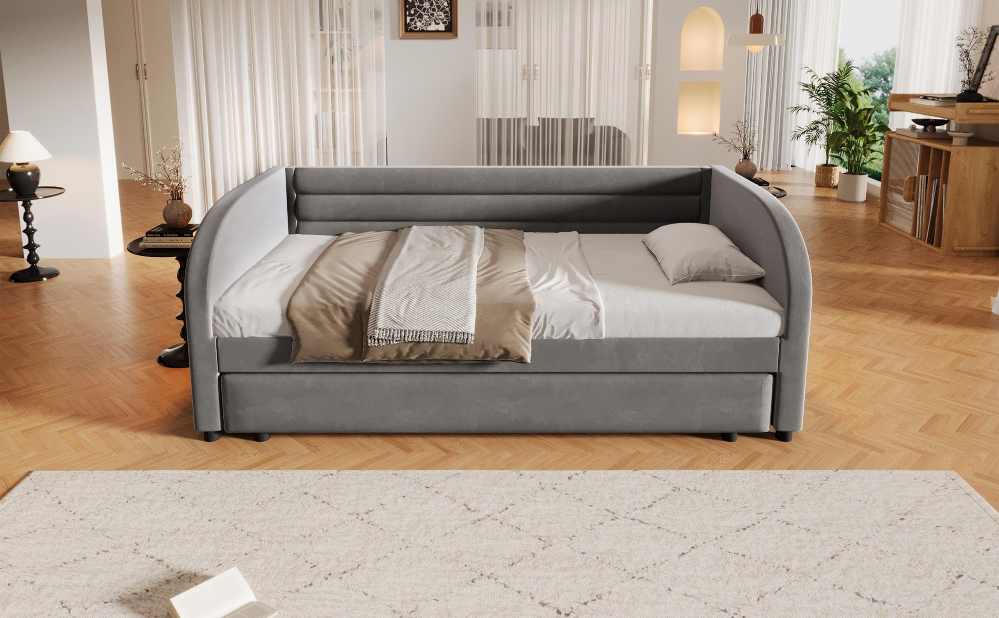 Merax Tagesbett 90x200 cm Polsterbett mit hydraulischem Stauraum, LED-Beleuchtung, Daybett mit Bettkasten, Kinderbett, Flanell Jugendbett, Grau