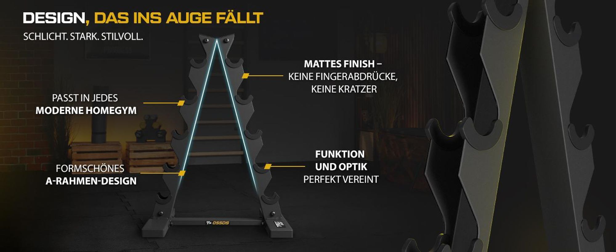 Das Bild zeigt einen Hantelständer das ins jedes moderne Homegym passt, mattes Finish, A-Rahmen