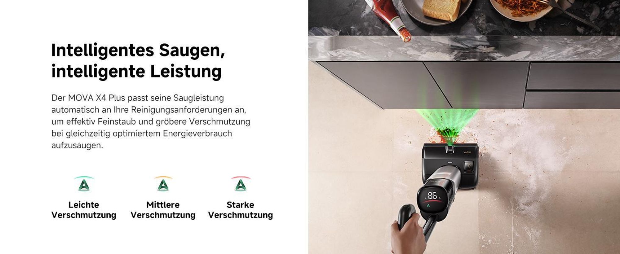 MOVAX4 Plus Nass-Trocken-Sauger, Auto-Reinigungslösung, Tangle-Free-Design, Selbstreinigung 100 °C, 20 kPa Saugkraft, Push-In-Basisstation, LED-Bürst