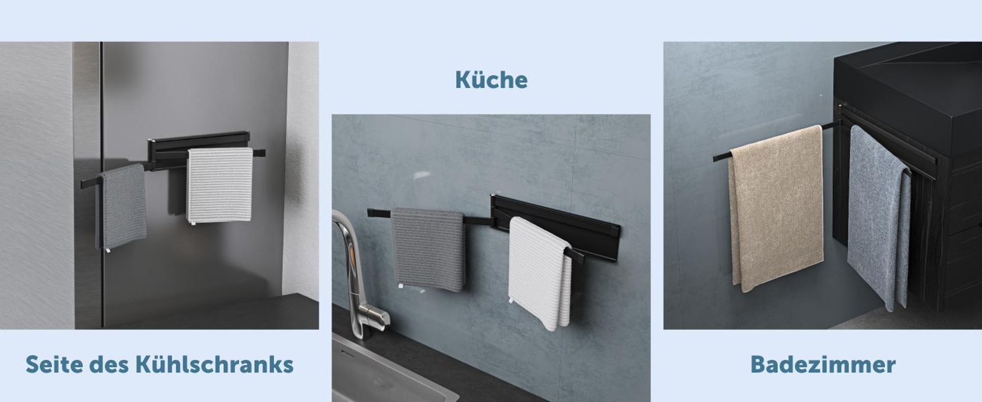 doporro Handtuchhalter ohne Bohren mit Magnet, 180° schwenkbar, 40cm selbstklebende Handtuchstange mit 3 Armen, Wandhalterung Matt Schwarz Folda-02