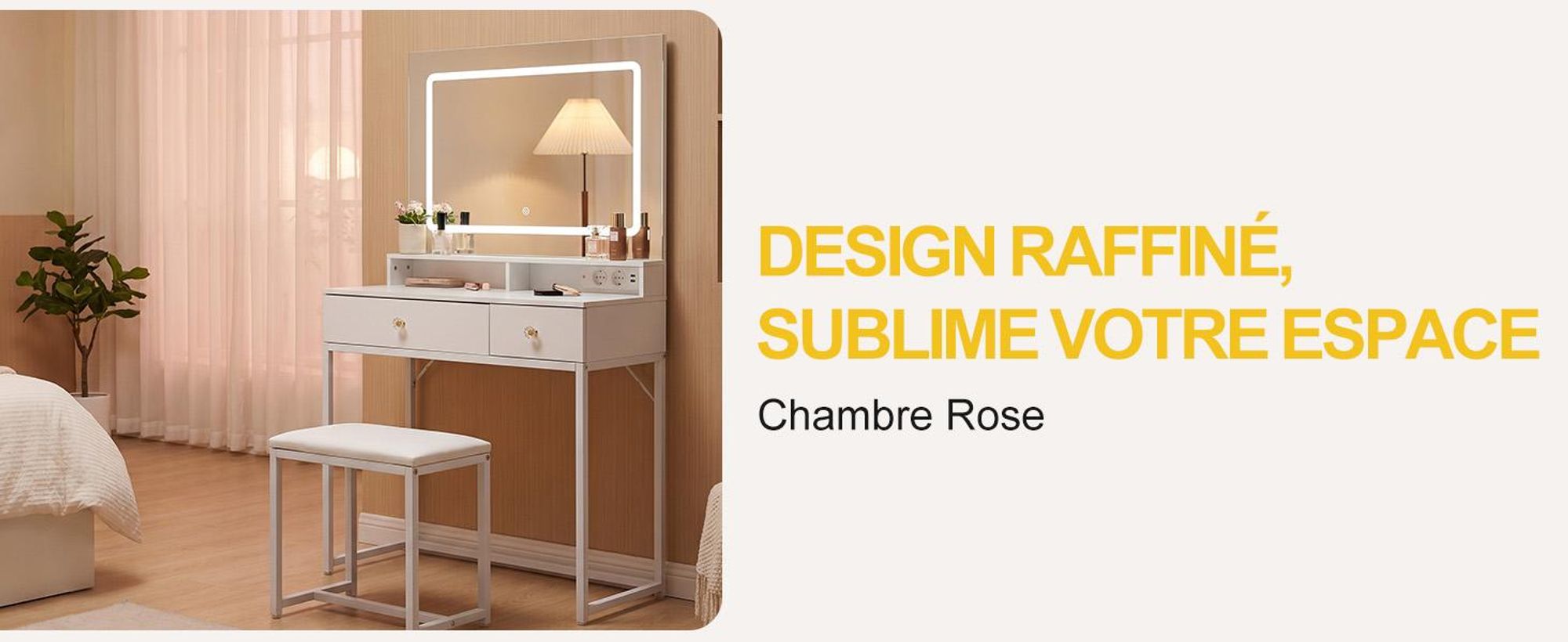 Coiffeuse avec Miroir et Tabouret avec Éclairage LED et Prise  3 Couleurs de Lumière Réglables, 2 Tiroirs, Panneau en Bois Composite, 80×40×140cm