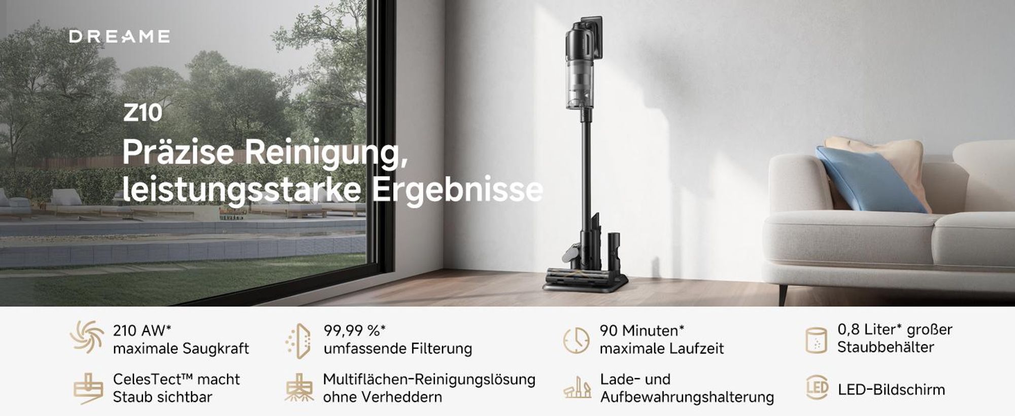 Dreame Z10 Akku-Stabstaubsauger,210AW,90min,H14-HEPA,99,99% Reinigungsrate,Staubsicht-Tech,Auto-Erkennung&Saugkraft-Anpassung,0-Tangle Handstaubsauger