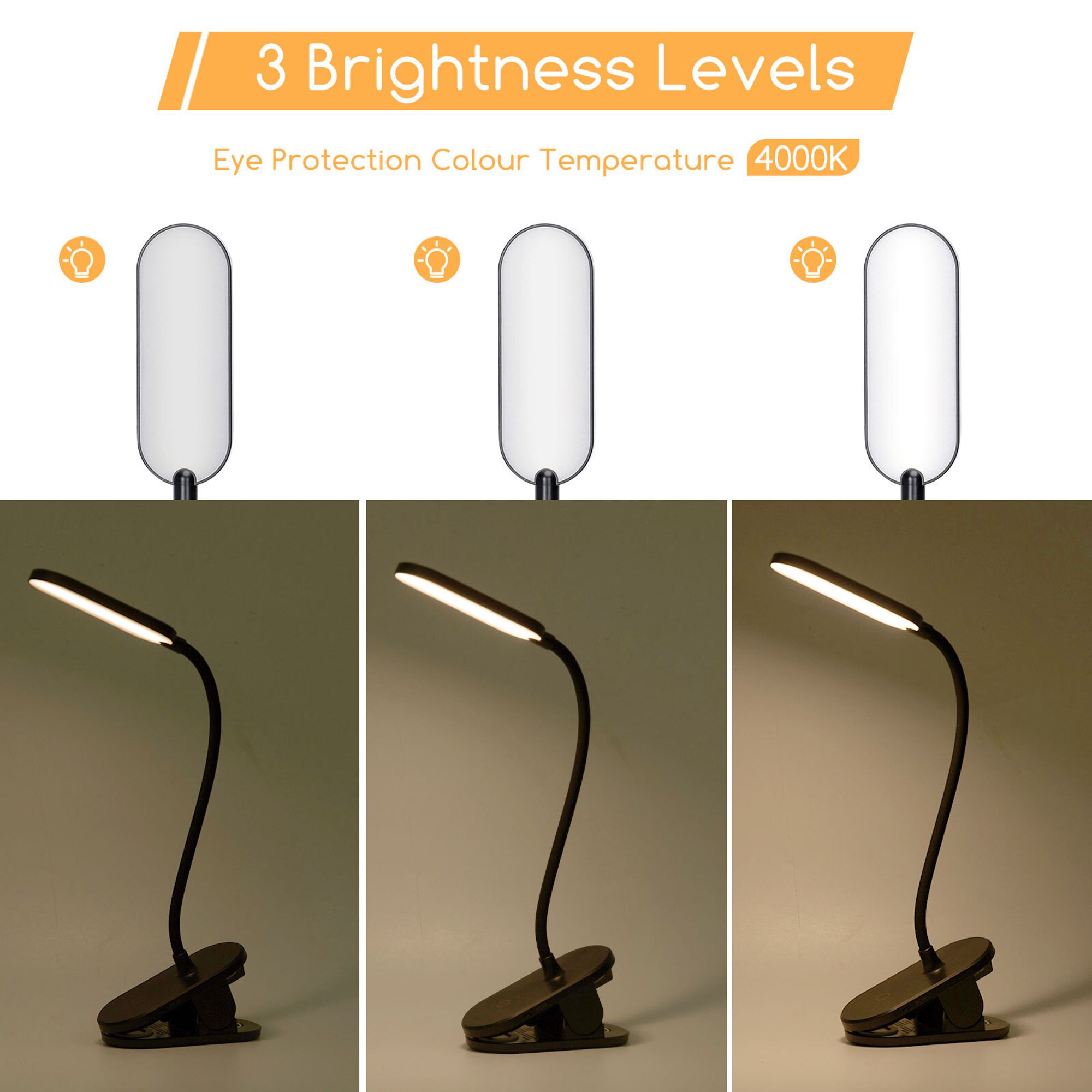 Aigostar LED Leselampe Bett, Dimmbarem Klemmlampe mit 360° Verstellbarem Flexiblem Arm, Wiederaufladbare USB-Leselampe mit 3 Helligkeitsmodi,4000K