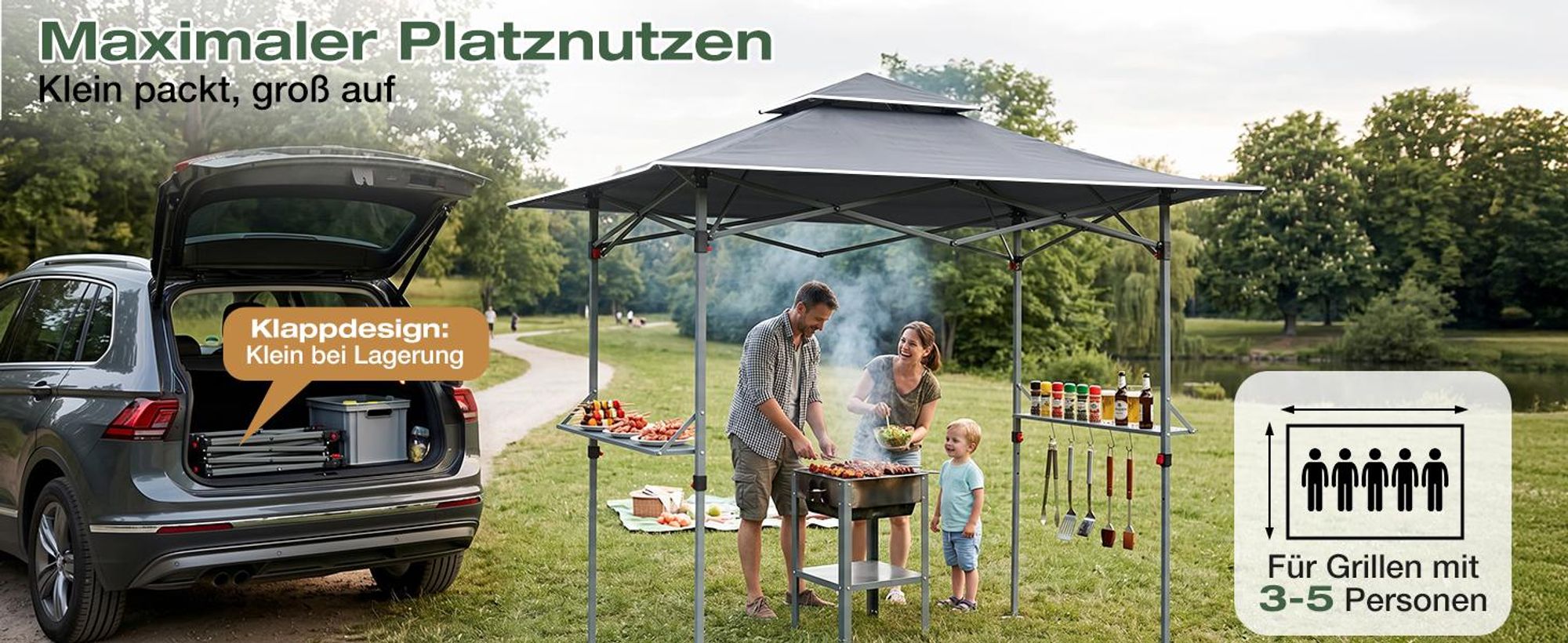 Sekey Grillpavillon 250x150 cm faltbar Garten Pavillon Wasserabweisend UV50+, Grau