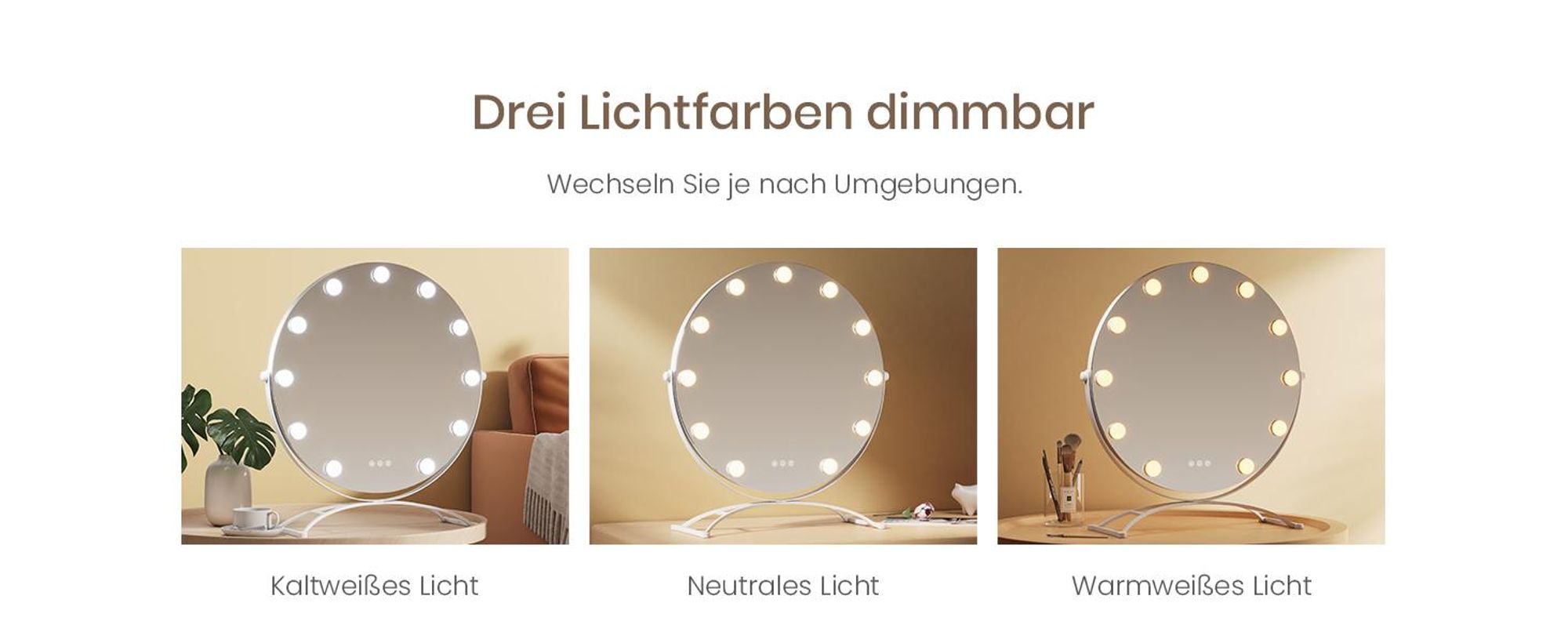 EMKE Kosmetikspiegel Hollywood 58X50cm Rund Schminkspiegel mit LED Beleuchtung und Vergrößerung 7x, 3 Lichtfarben Dimmbar, Weiß