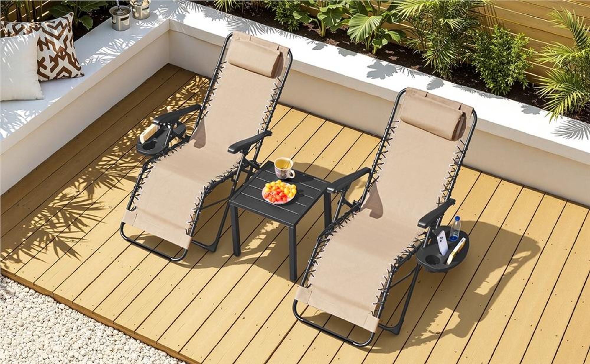 Yaheetech Klappbarer Liegestuhl mit Nackenkissen & Getränkehalter, Sonnenliege Gartenliege mit verstellbarer Rückenlehne, Beige