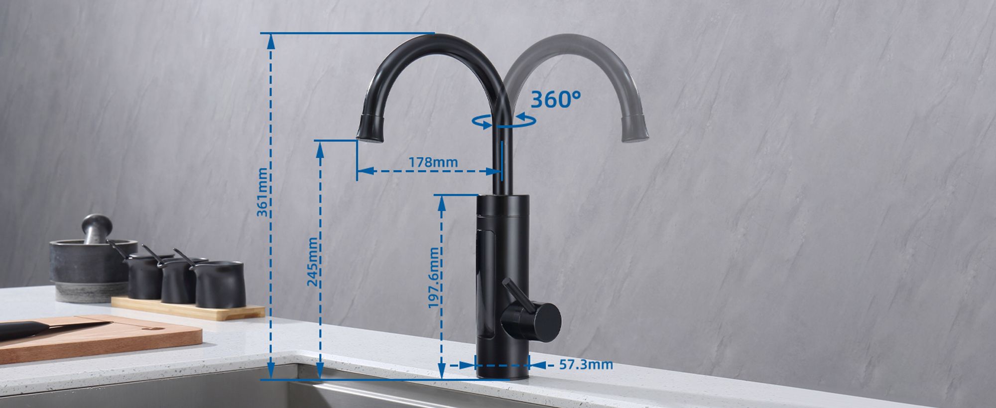 Homelody Elektrische Küchenarmatur mit Durchlauferhitzer, Smart Heater Spültischarmatur 360° drehbar, Schwarz Wasserhahn mit LED Temperaturanzeige