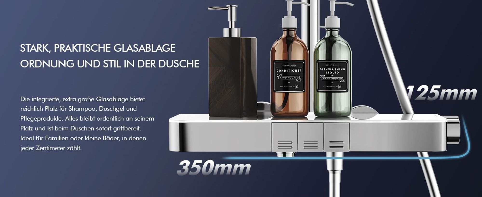 Duschsystem mit Thermostat und Glasablage, Brausegarnitur 3 Wasserausgabemodi, 12 Zoll Regendusche, Chrom