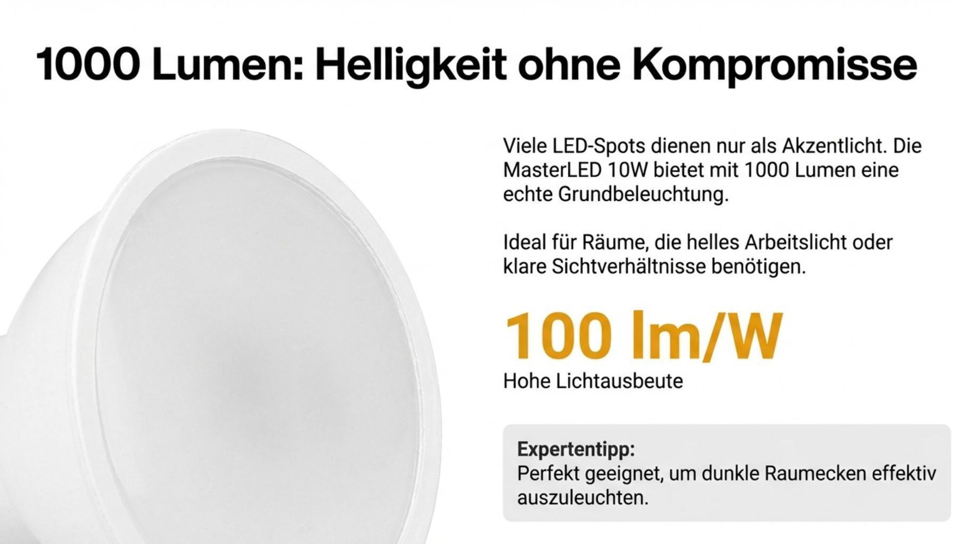 10er Set LED Leuchtmittel MasterLED GU10 1000lm Neutralweiß 4000K 10W ersetzt 100W Halogen Breitstrahlend 120° Flimmerfrei