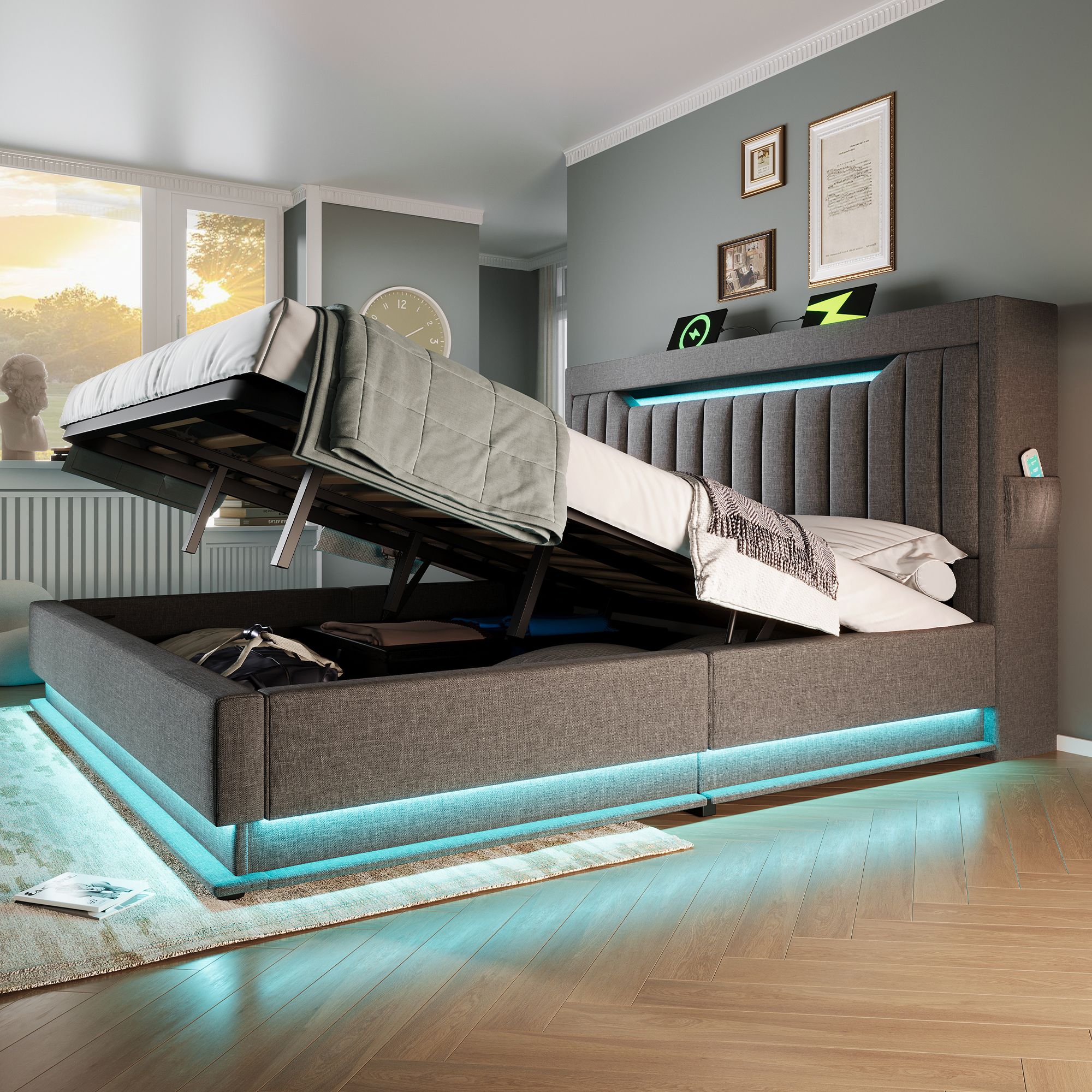 Flieks Polsterbett 160x200cm mit Ladefunktion (USB & Type-C), Doppelbett Jugendbett mit Led, Stauraumbett Boxspringbett mit Stauraum, Leinen, Grau