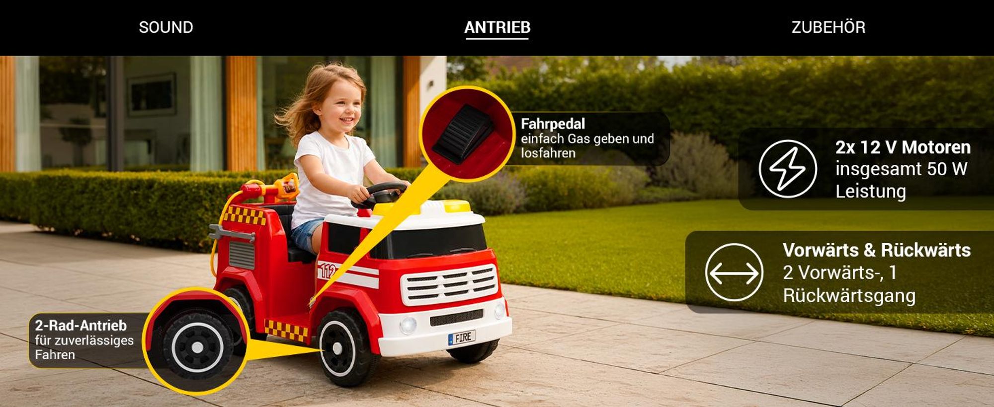 Actionbikes Motors Feuerwehrauto | Kinderauto - Elektroauto - Elektrofahrzeug -  2,4 Ghz Fernbedienung - Hupe, Motor- & Sirenen Sound - ab 3 Jahre