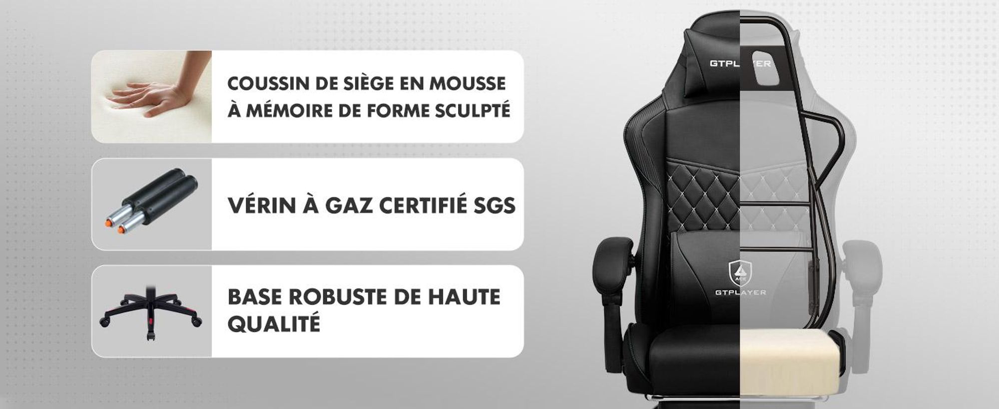 Chaise de jeu GTPLAYER, Gaming Chair, Chaise de bureau ergonomique réglable en hauteur, pratique pour l'hiver et l'été, avec double dossier avec repose-pieds