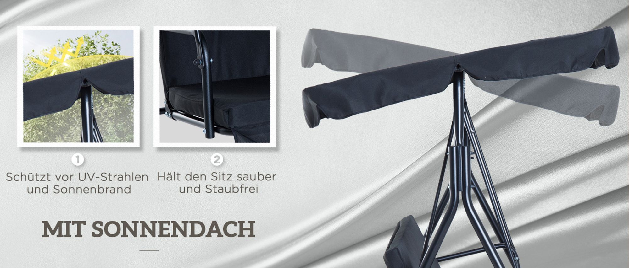 Outsunny Hollywoodschaukel Gartenschaukel 3-Sitzer mit Dach Stahl Schwarz