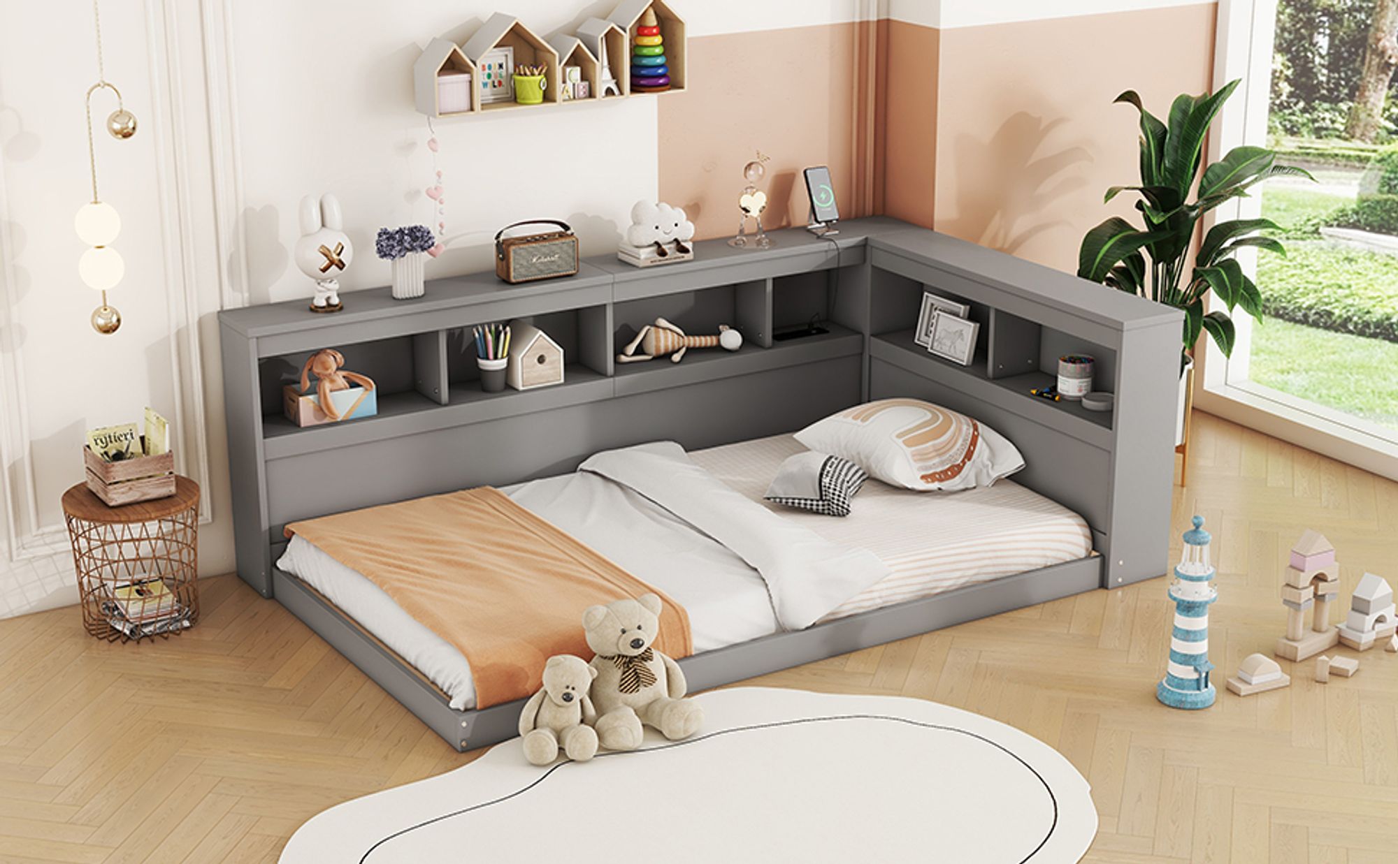 okwish Schlafsofa Daybett 90x200cm mit Lattenrost aus holz , Tagesbett Kinderbett Jugendbettmit Steckdose und 2 USB-Anschlüssen(Ohne Matratze)- Grau