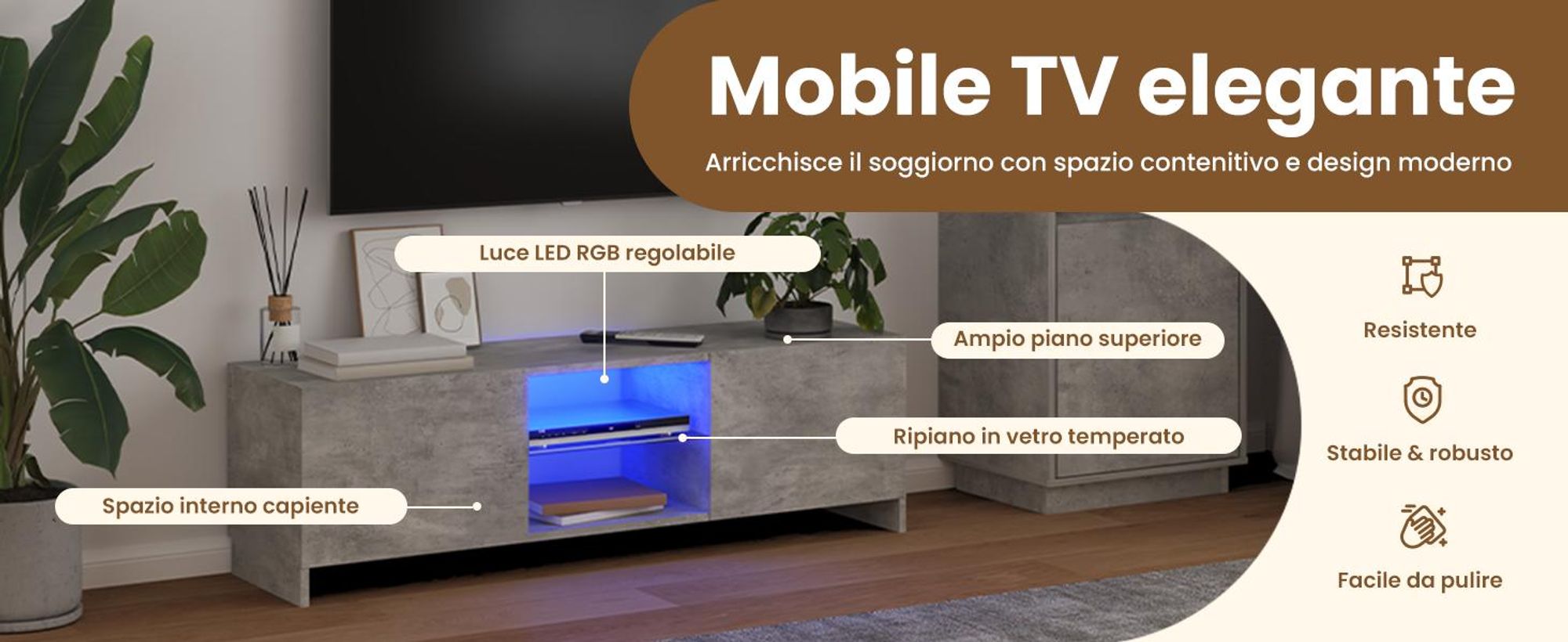 Mobile TV con luci LED grigio cemento 120x30x35,5 cm
