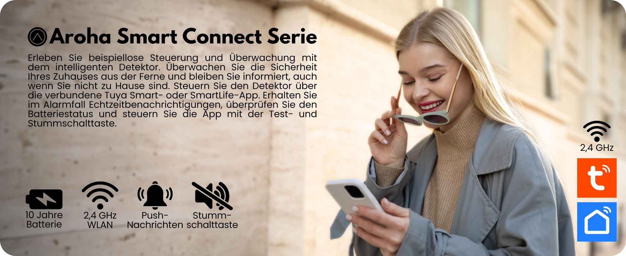 Aroha Smart Connect Kombination Rauchmelder und Kohlenmonoxid CO-Melder WLAN - 10 Jahre Batterie, mit App Tuya - 3 set