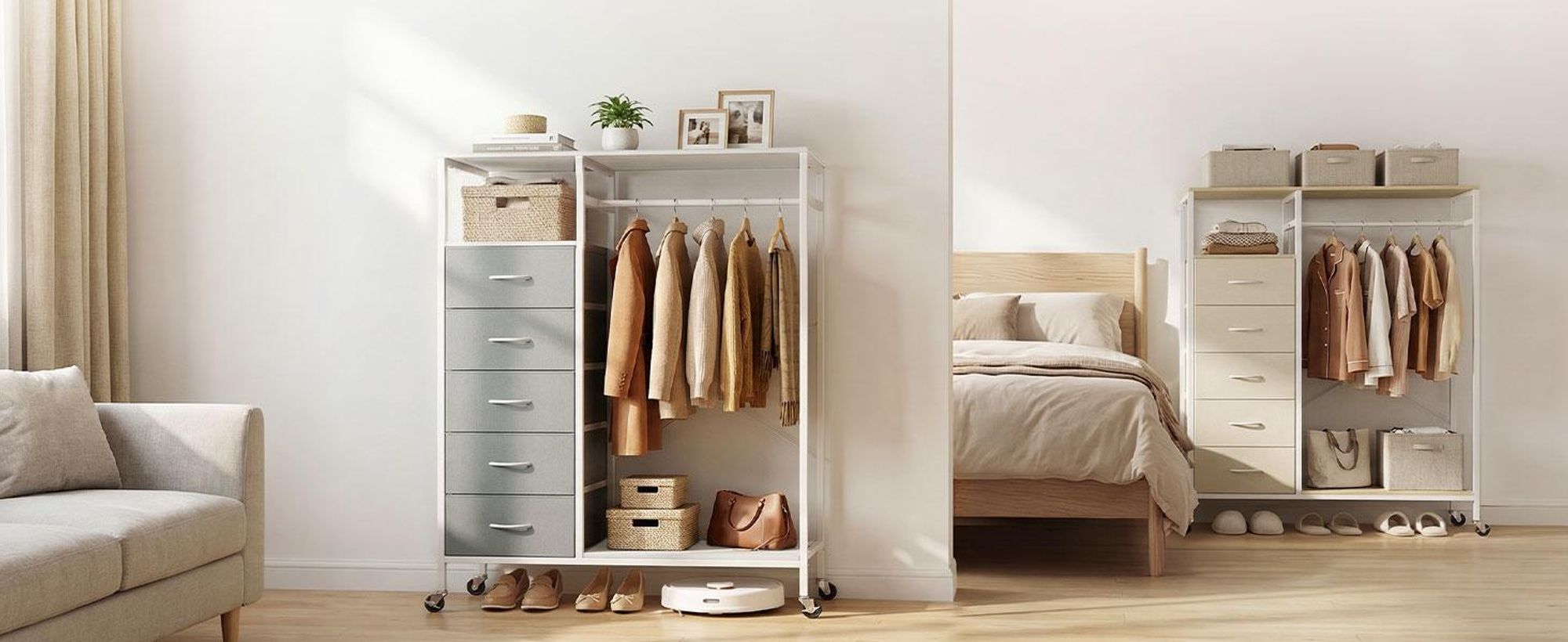 HOKEEPER Kleiderständer,Offener Kleiderschrank,Kleiderständer auf Rollen,Kleiderstange,Fahrbarer Kleiderständer mit Schubladen,Clothes rack,Haken,Grau