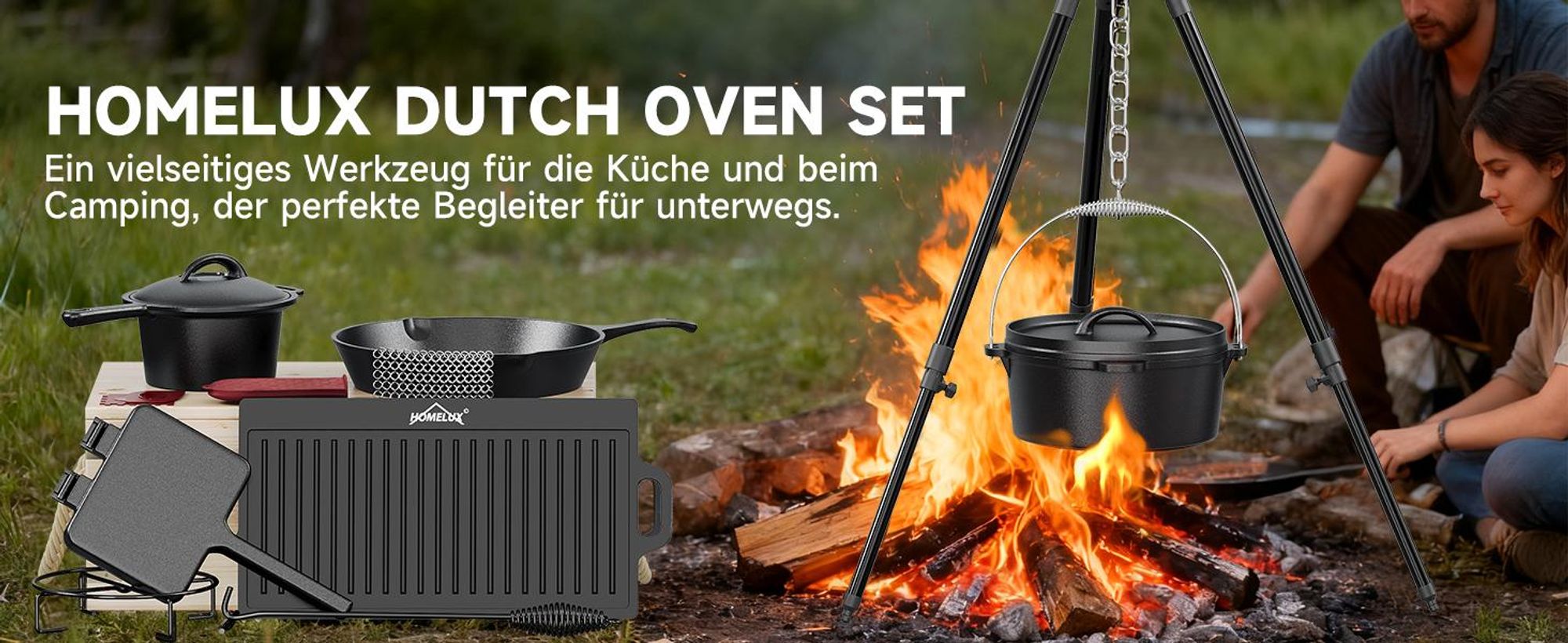 HOMELUX 12-teiliges Dutch Oven Set in Holzkiste, Kochtopf, Pfanne, Saucentopf, Wende-Grillplatte, Waffeleisen, Stapelrost, Ringreiniger, Schaber Set