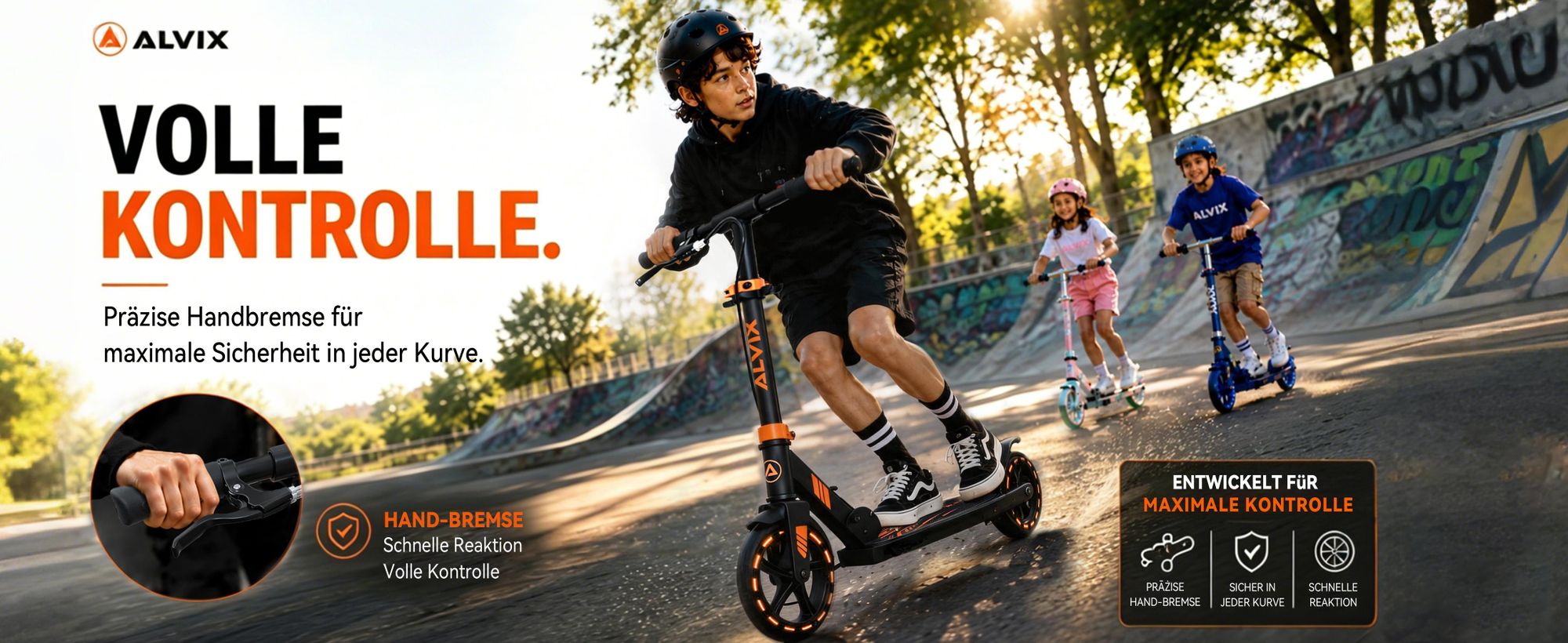 ALVIX Kinder-Scooter mit Handbremse: mehr Kontrolle, schnelle Reaktion und Fahrspaß.