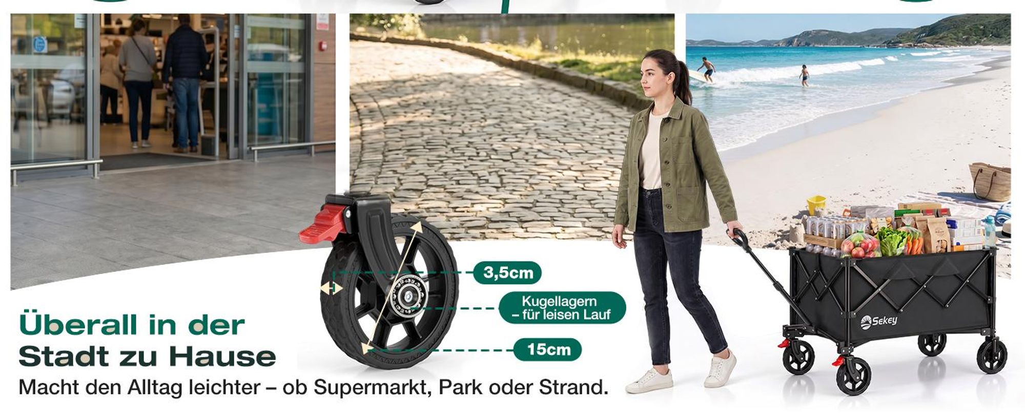 Sekey Bollerwagen faltbar 150 kg mit Bremsen, klappbarer Handwagen für Garten und Ausflug, Schwarz