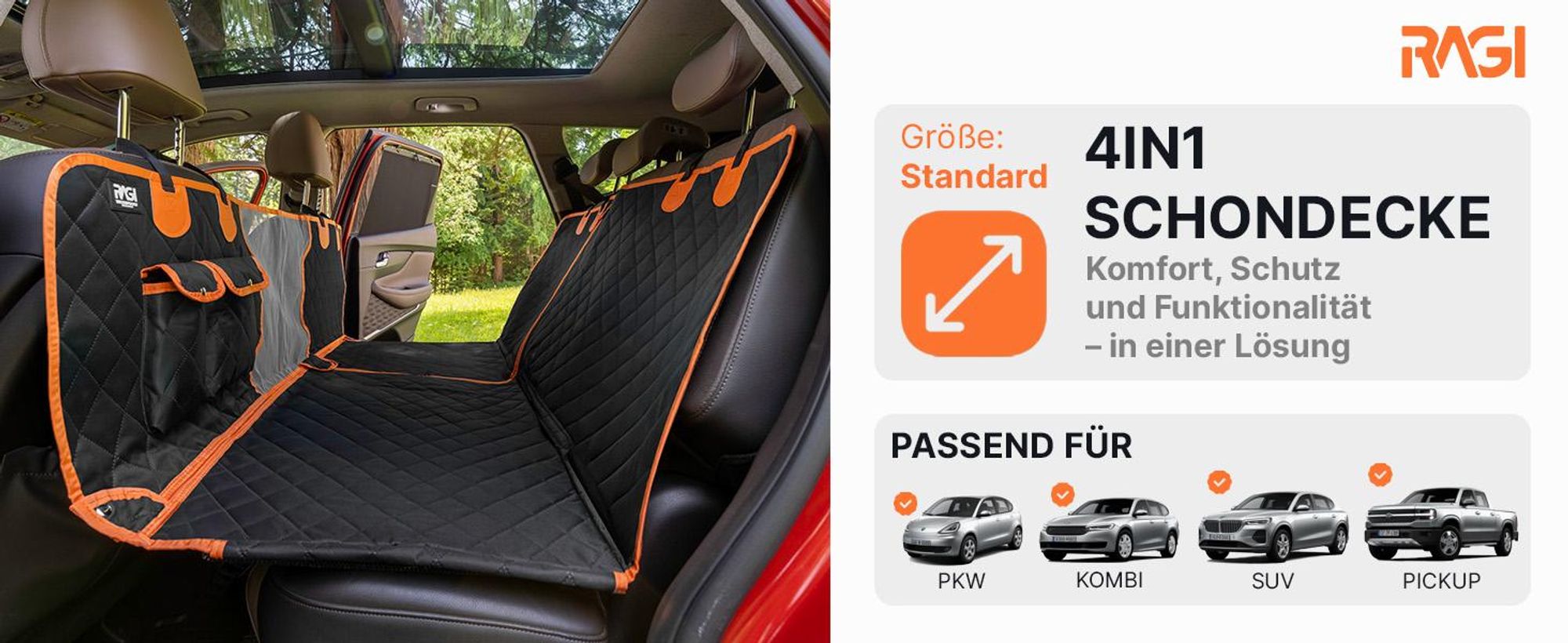 RAGI Hundedecke Auto Rückbank Kofferraum Vordersitz 4in1 Schondecke Hundematte Autositz Hundetransportbox Wasserdicht Rutschfest Seitenschutz