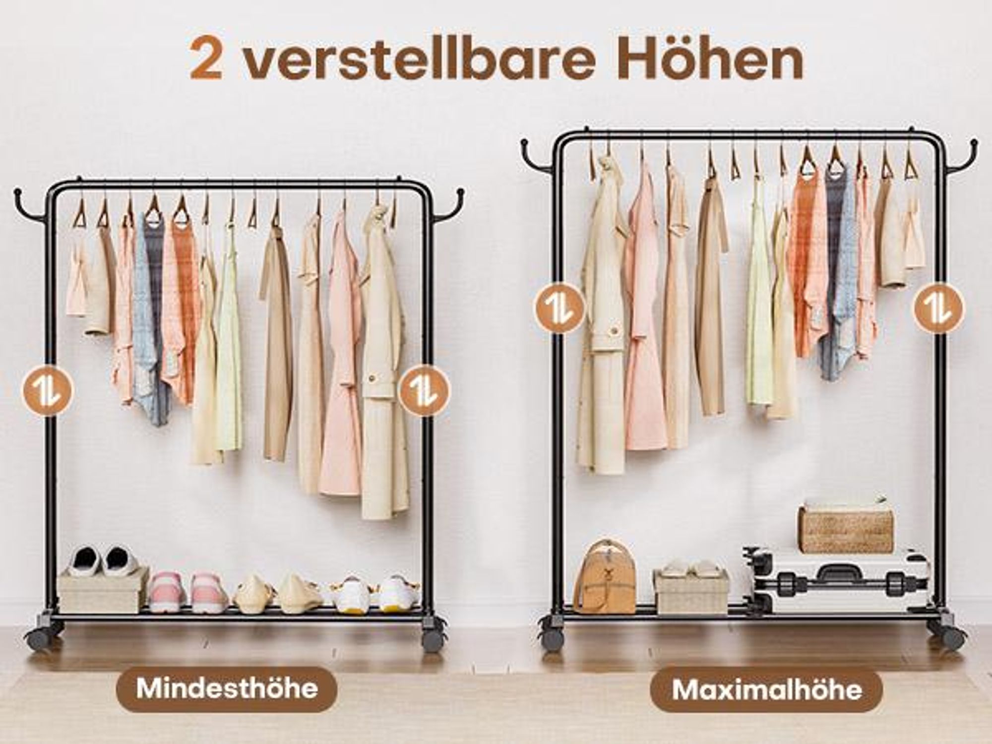 YORBAY Kleiderständer Garderobenständer auf Rollen, bis 50 kg belastbar Höhe verstellbar, 132cm breit, Schwarz