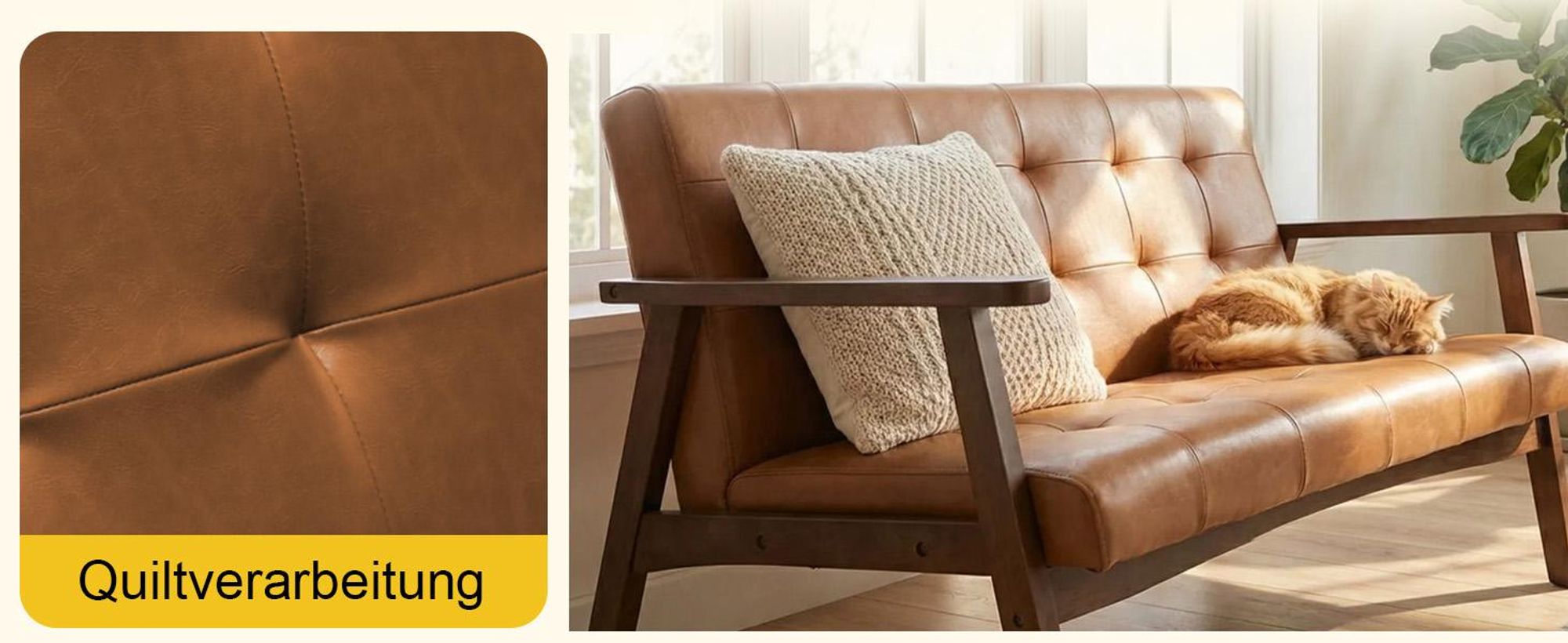 2-Sitzer skandinavisches Sofa aus Kunstleder, Armlehnen, Massivholzrahmen, für Wohn-/Schlafzimmer/Büro, Traglast 240 kg, 124x74x75 cm, Karamell