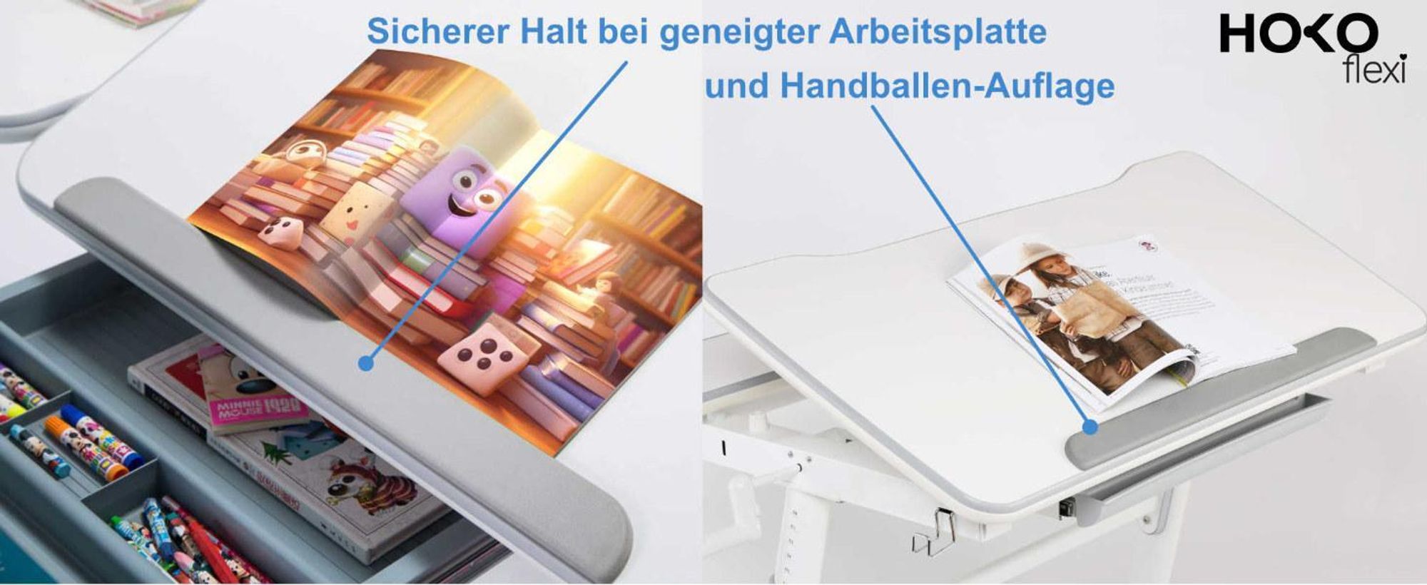 HOKO® ERGO rutschfeste Handballenauflage mit Buchstopper für Kinderschreibtisch, Farbe Grau. Ergonomische Handgelenkauflage für Kinder und Jugendliche