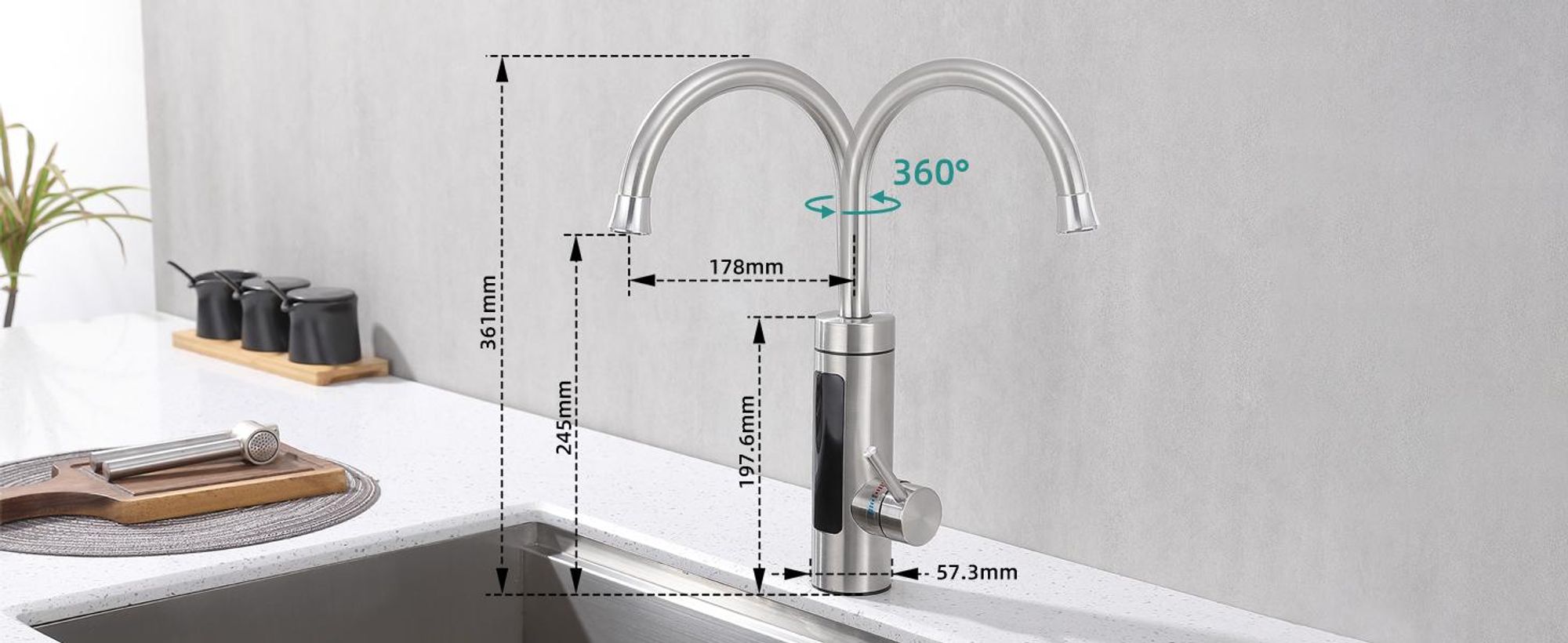 Elektrische Küchenarmatur mit Durchlauferhitzer, Smart Heater Wasserhahn 360° drehbar, Edelstahl Wasserhahn Küche mit LED Temperaturanzeige, Elektrisch Durchlauferhitzer für Bad/Küche
