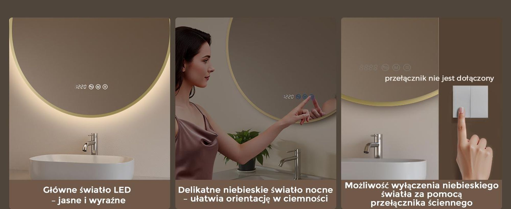 S'AFIELINA Lustro Łazienkowe LED 70 cm, Okrągłe, Złota Rama, 3 Barwy Światła, Regulacja Jasności, Antypara, Zegar, Wyświetlacz Temperatury