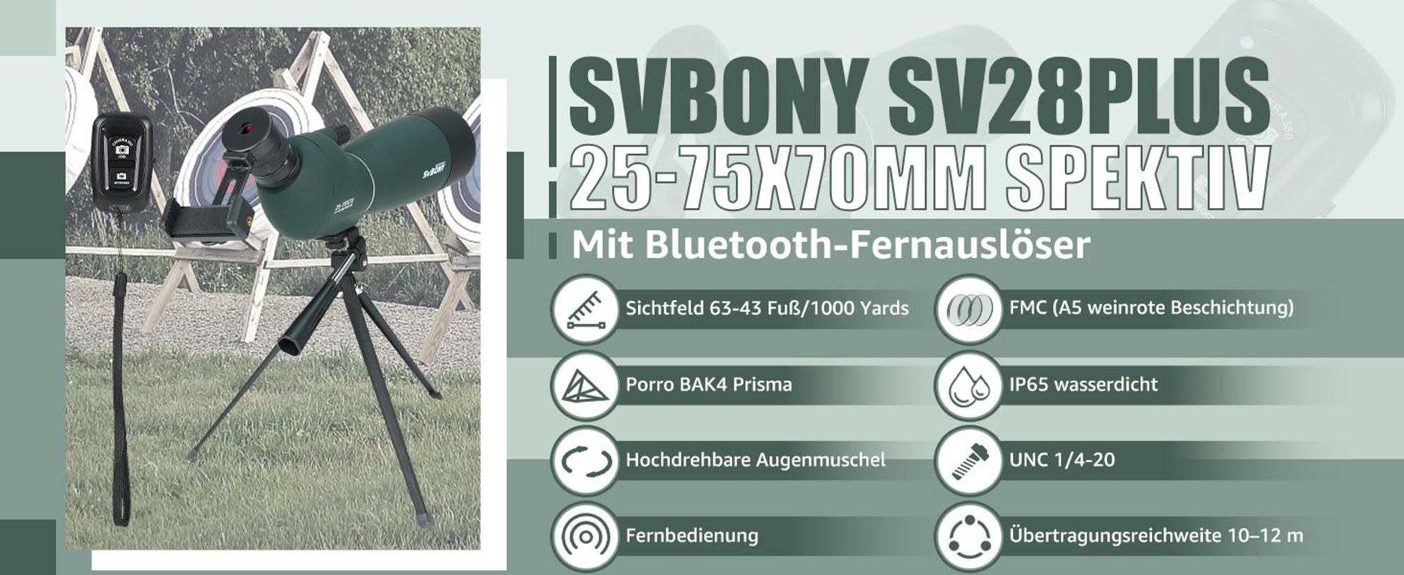 Svbony SV28PLUS Spektiv, Monokulares Teleskop, 25-75×70mm mit Kabellosem Controller, BAK4 A5 FMC Objektiv, für Vogelbeobachtung Bogenschießen