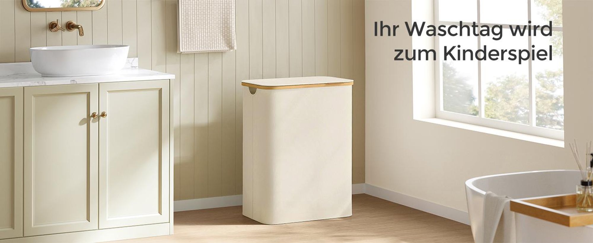 SONGMICS Wäschekorb mit Deckel, 130 L, herausnehmbarer Wäschesack,Griffe aus Bambus