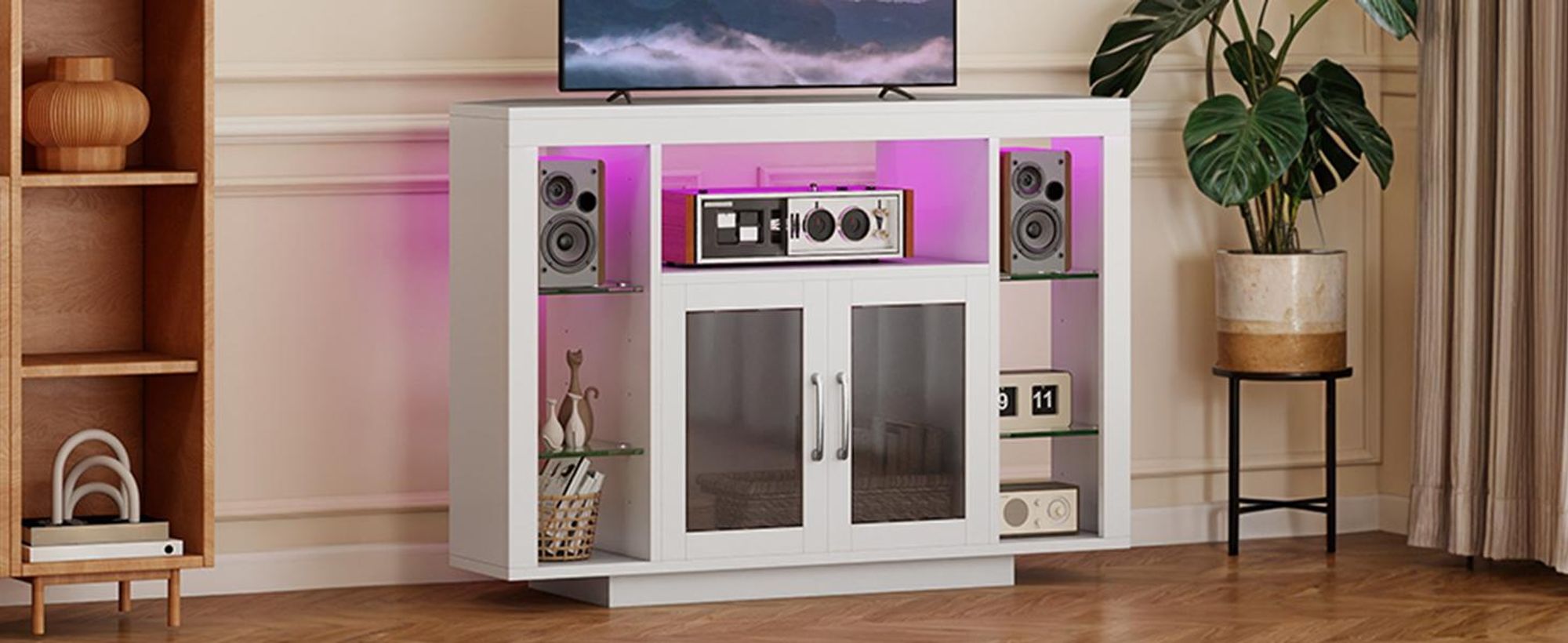 YITAHOME TV-Schrank Eckschrank mit RGB LED, Fernsehschrank für bis zu 55 Zoll-TV, 100 × 40 × 73 cm, Weiß
