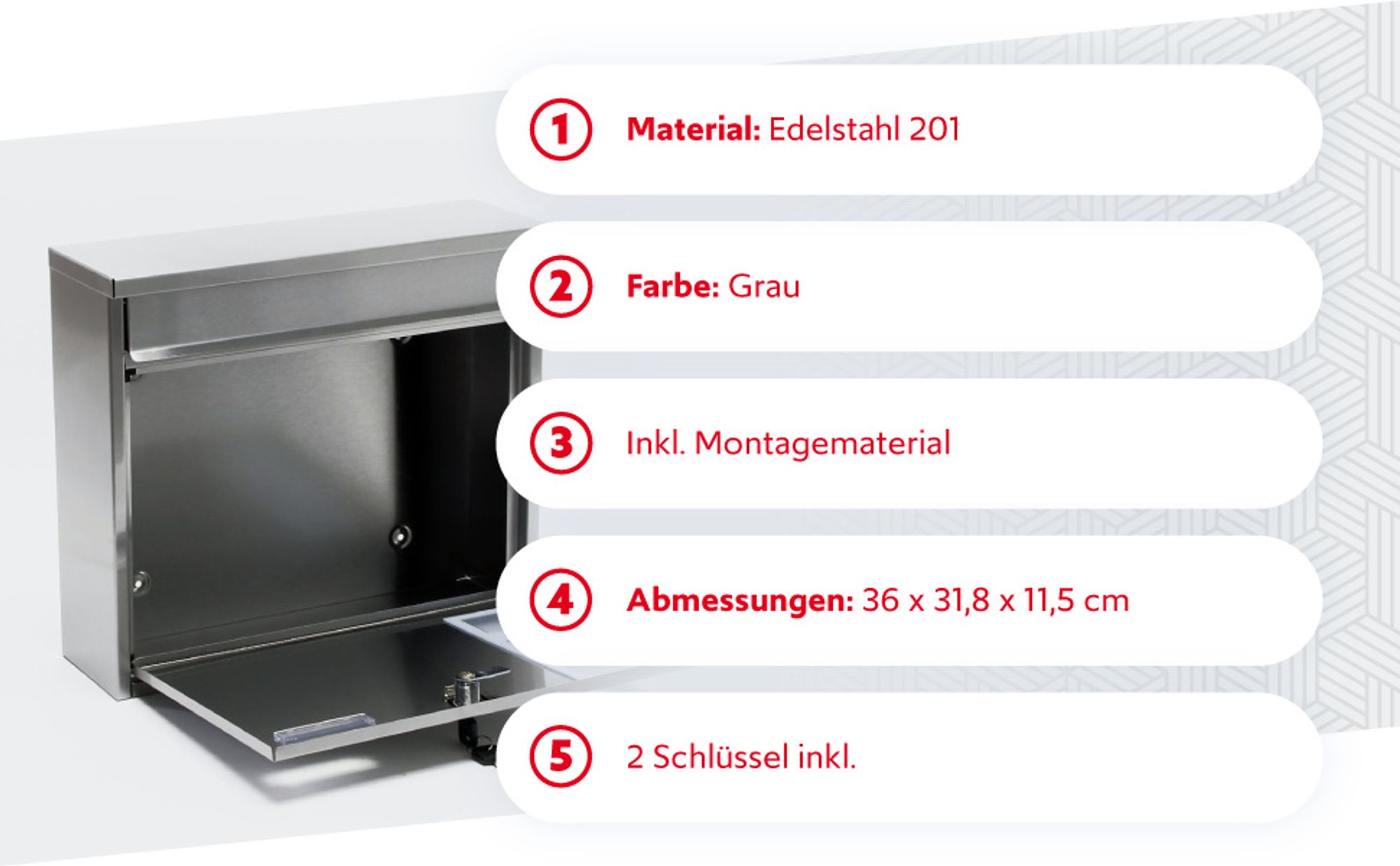 Wiltec Briefkasten V12 Edelstahl 360 x 115 x 315 mm, Wandbriefkasten mit Schloss, Sichtfenstern und Namensschild, Postkasten aus Stahl