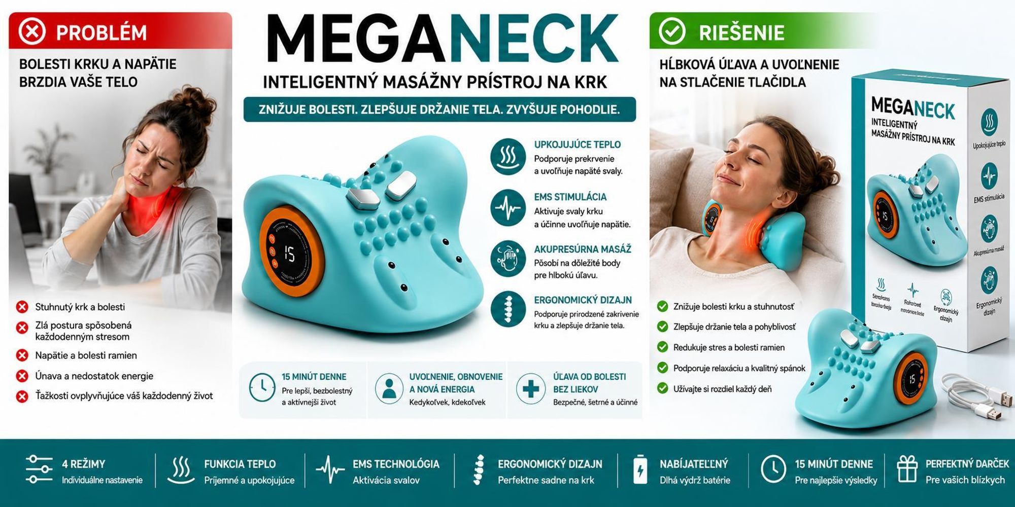 Elektrický masážny prístroj na krk s funkciami EMS, ohrevom, strečingom a akupresúrou, masážny prístroj na batériu proti bolesti krku – MEGANECK