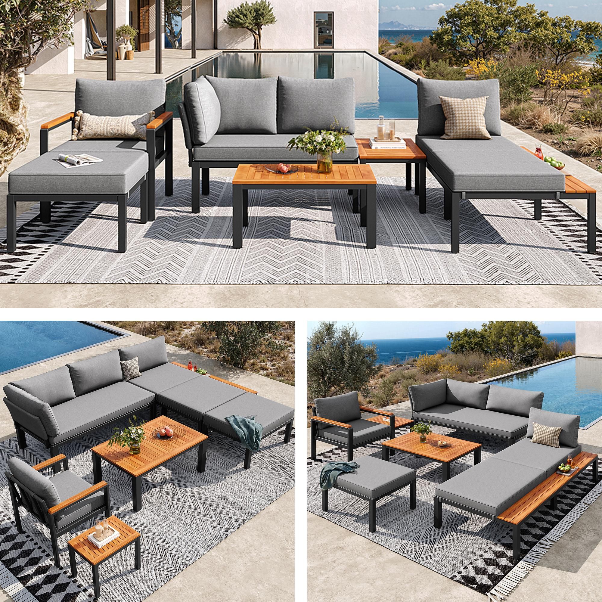 Flieks Gartenmöbel-Set 6 teilig, Gartenloungeset mit 2 Tischen für 5-6 Personen, Sofagarnitur mit Gartenliege, Balkonmöbel Terassenmöbelset, Grau