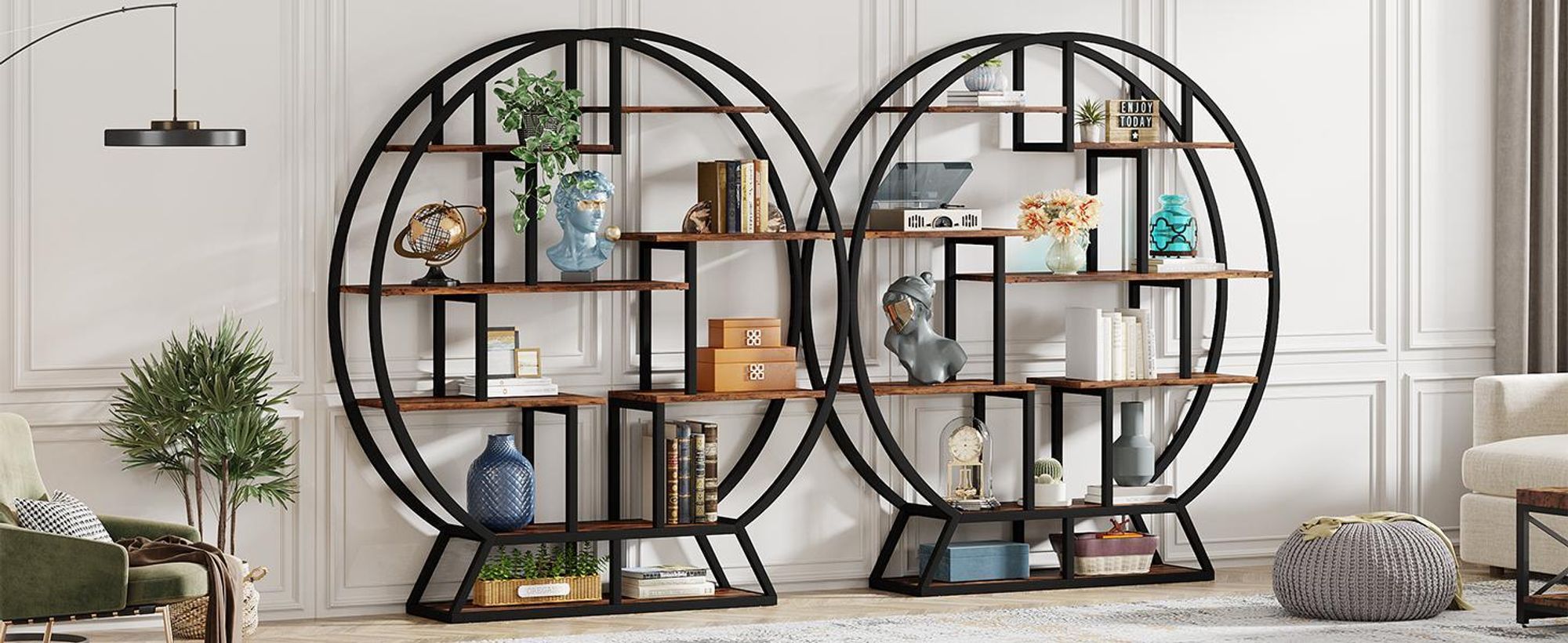 Tribesigns boekenkast, ronde boekenkast, etagerekast, 160 cm industriële houten boekenkast met verschoven planken, rustieke open kast