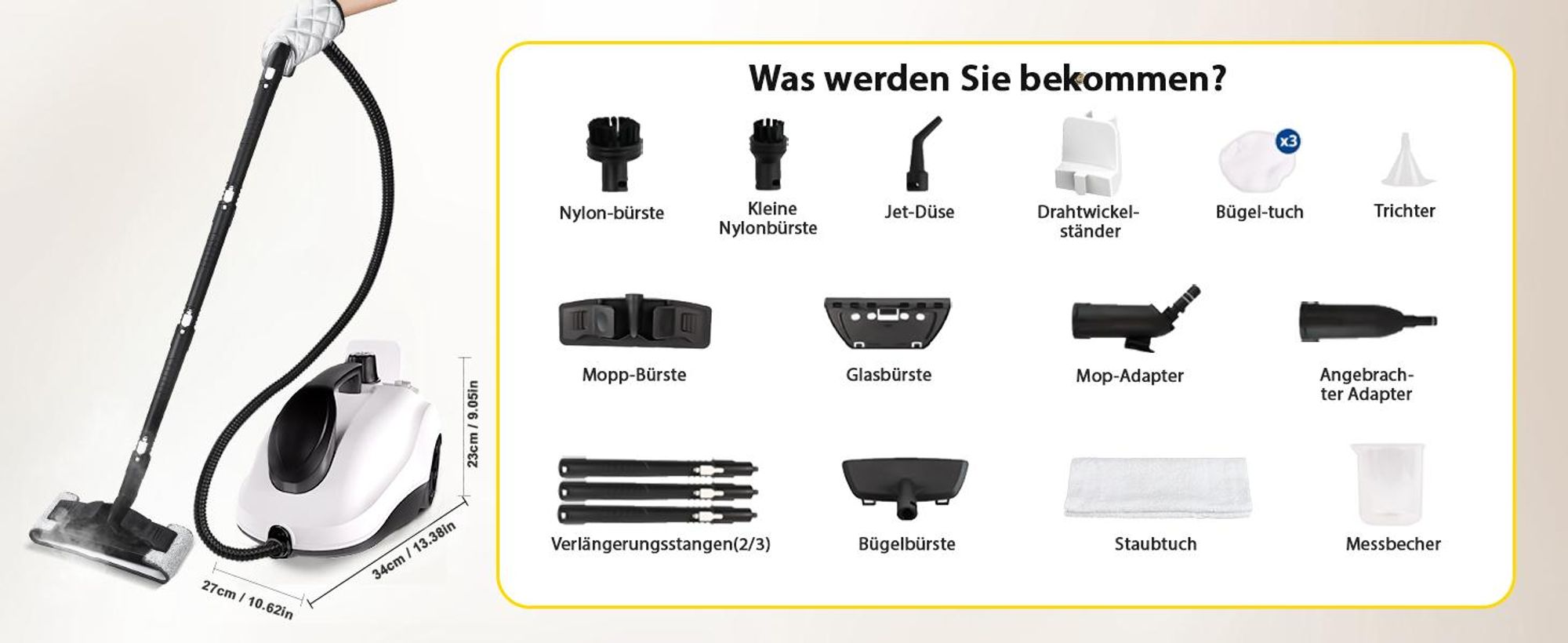 Dampfreiniger 2000W, 5 bar Dampfdruck, 2L Tank, ca. 5-8 Min. Aufheizzeit, bis 160℃, 19 Zubehör, Dampfbesen für Teppiche, Fenster, Glas und Vorhänge